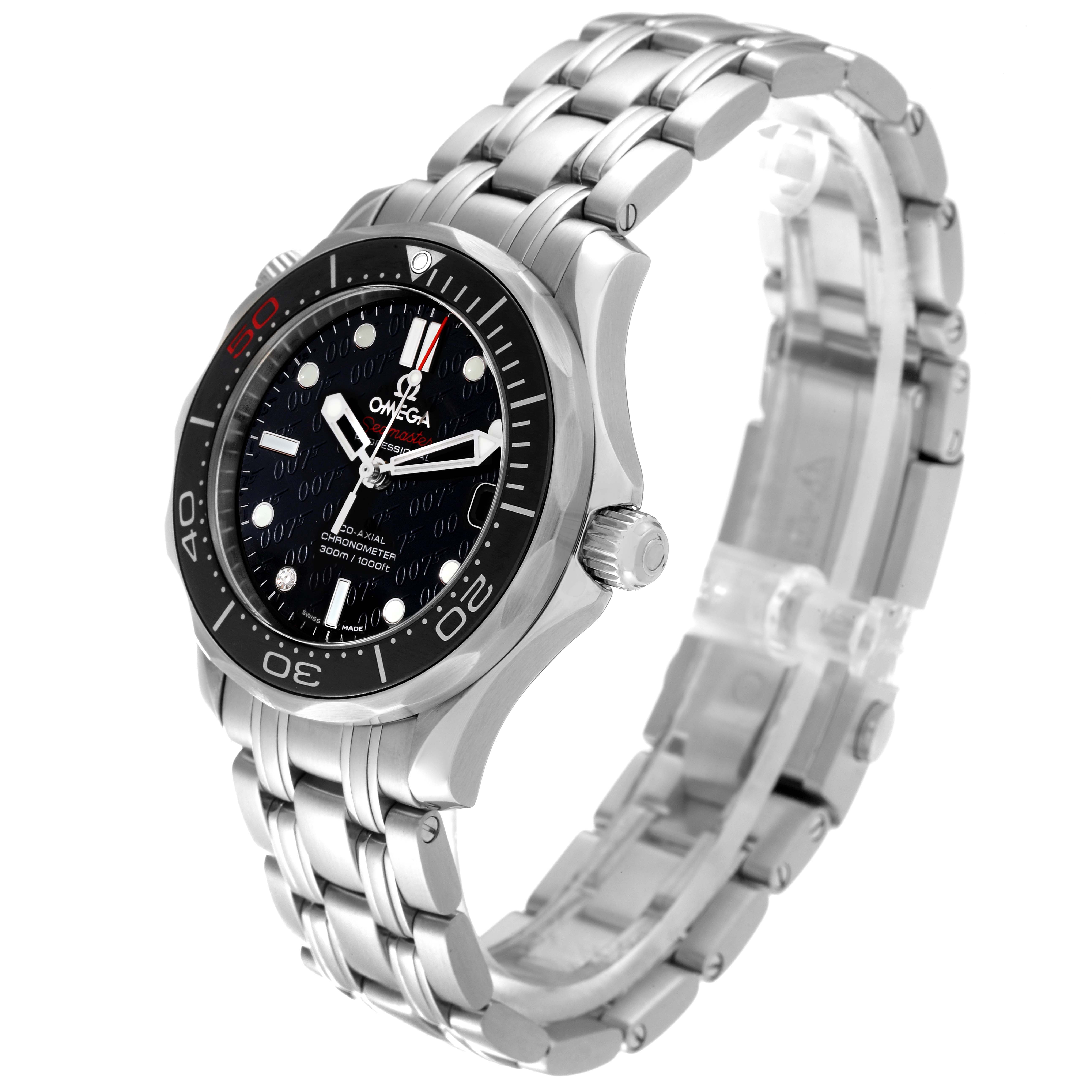 The Omega Seamaster 212.30.36.20.51.001 Men's Stainless Steel Black Dial 212.30.36.20.51.001 Men's Stainless Steel Black Dial watch is shown at a three-quarter angle, highlighting the bezel, dial, crown, and stainless steel bracelet.