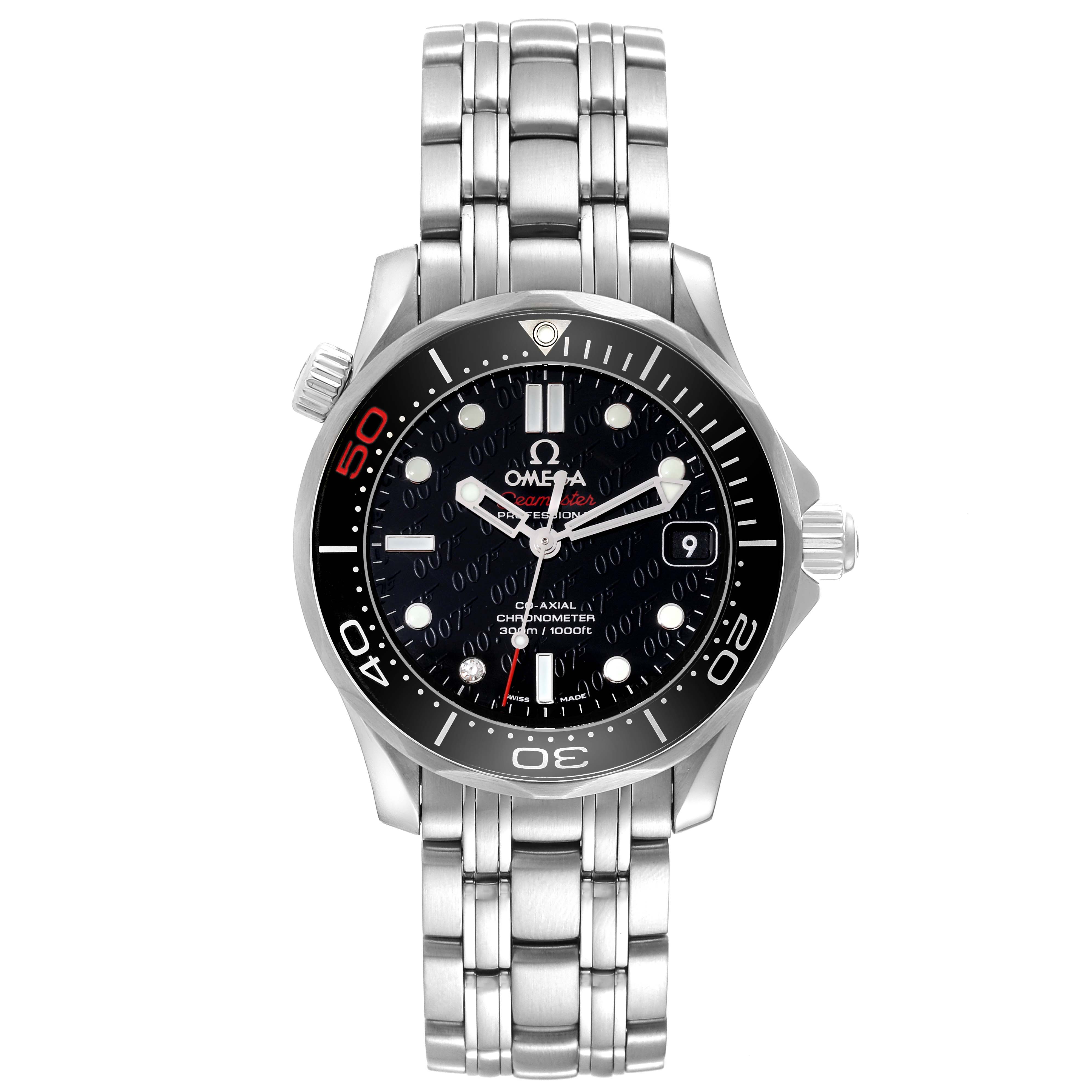 The image shows a front view of an Omega Seamaster 212.30.36.20.51.001 Men's Stainless Steel Black Dial 212.30.36.20.51.001 Men's Stainless Steel Black Dial watch, highlighting the face, bezel, and metal bracelet.