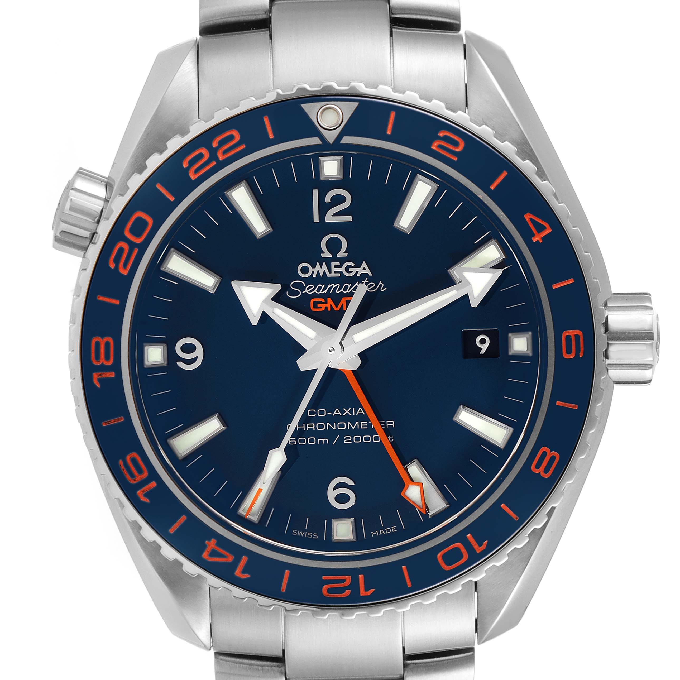 The image shows the dial and bezel of the Omega Planet Ocean 232.30.44.22.03.001 Men's Stainless Steel Blue Dial 232.30.44.22.03.001 Men's Stainless Steel Blue Dial GMT watch from a front angle.