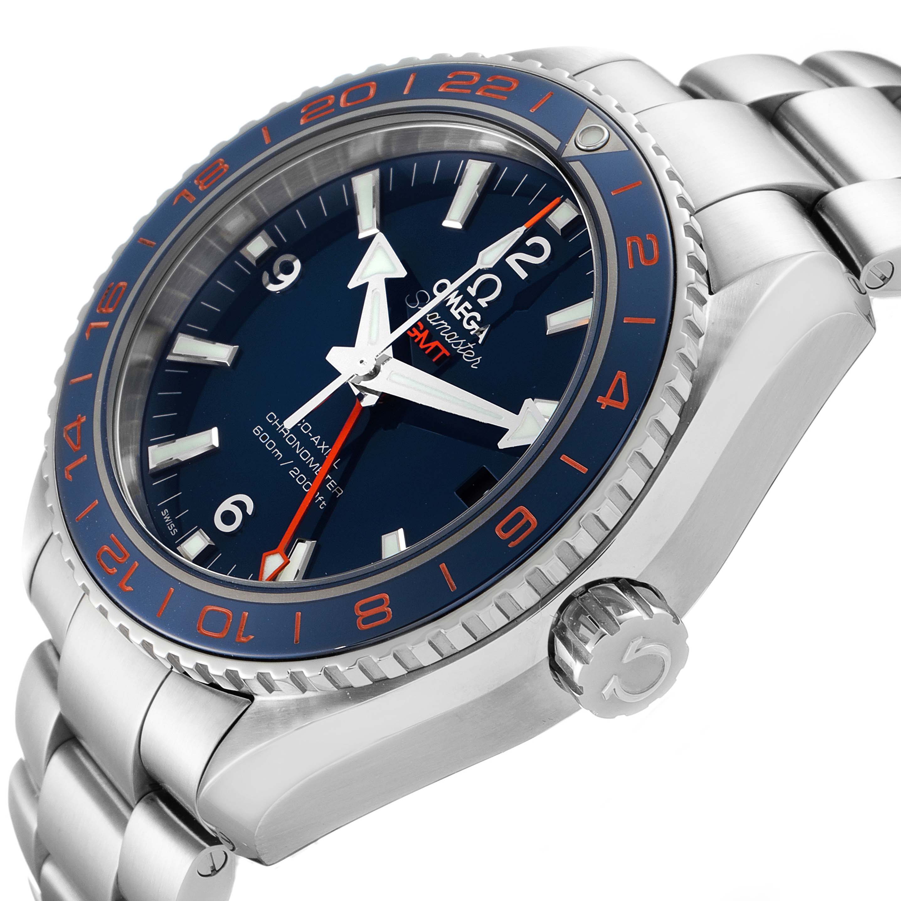 The image shows a side angle of the Omega Seamaster Planet Ocean watch, highlighting its case, dial, bezel, and bracelet.