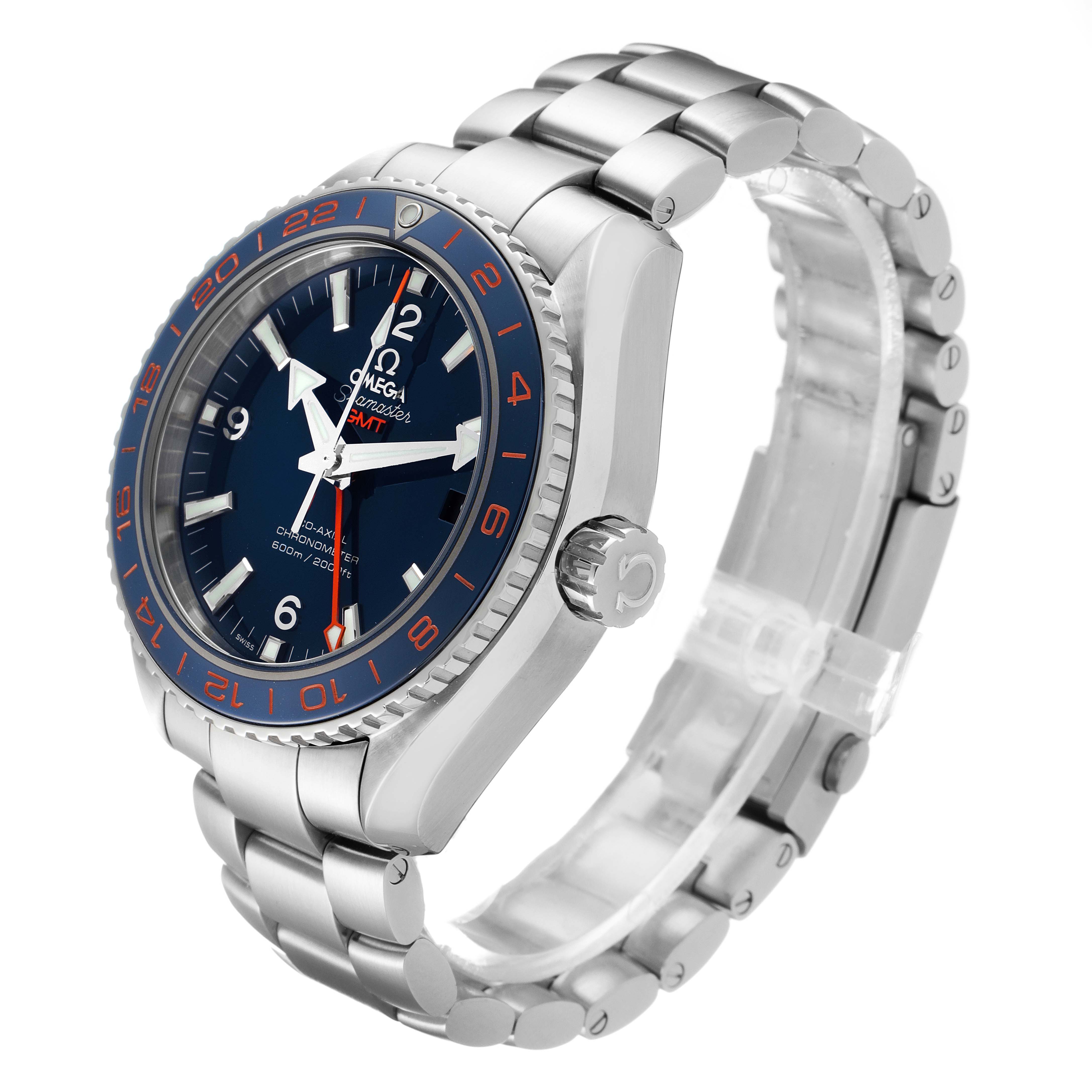 The image shows a side angle of the Omega Planet Ocean 232.30.44.22.03.001 Men's Stainless Steel Blue Dial 232.30.44.22.03.001 Men's Stainless Steel Blue Dial watch, highlighting the face, bezel, crown, and metal bracelet.