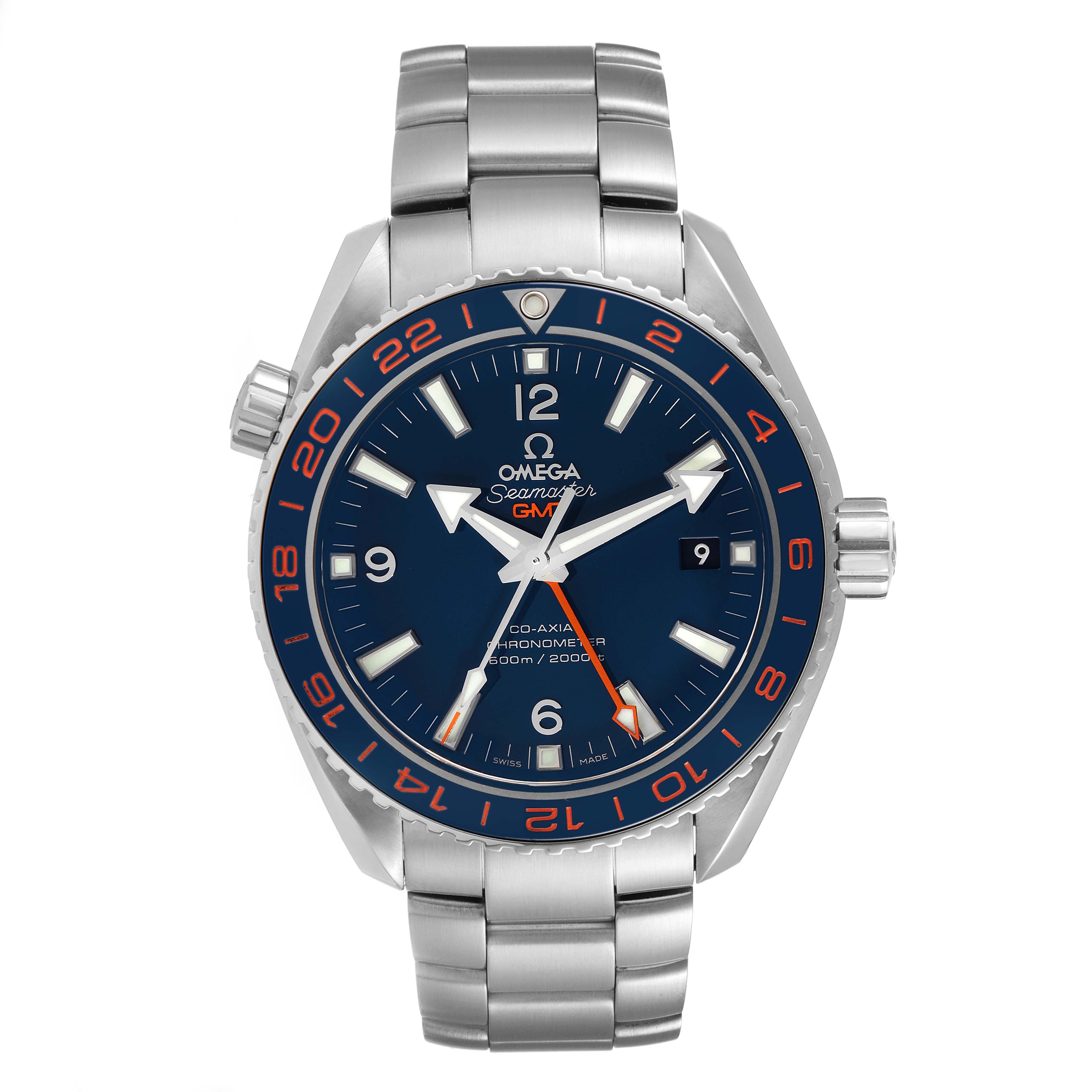 The image shows a front view of the Omega Planet Ocean 232.30.44.22.03.001 Men's Stainless Steel Blue Dial 232.30.44.22.03.001 Men's Stainless Steel Blue Dial Seamaster watch, highlighting its dial, bezel, and bracelet.