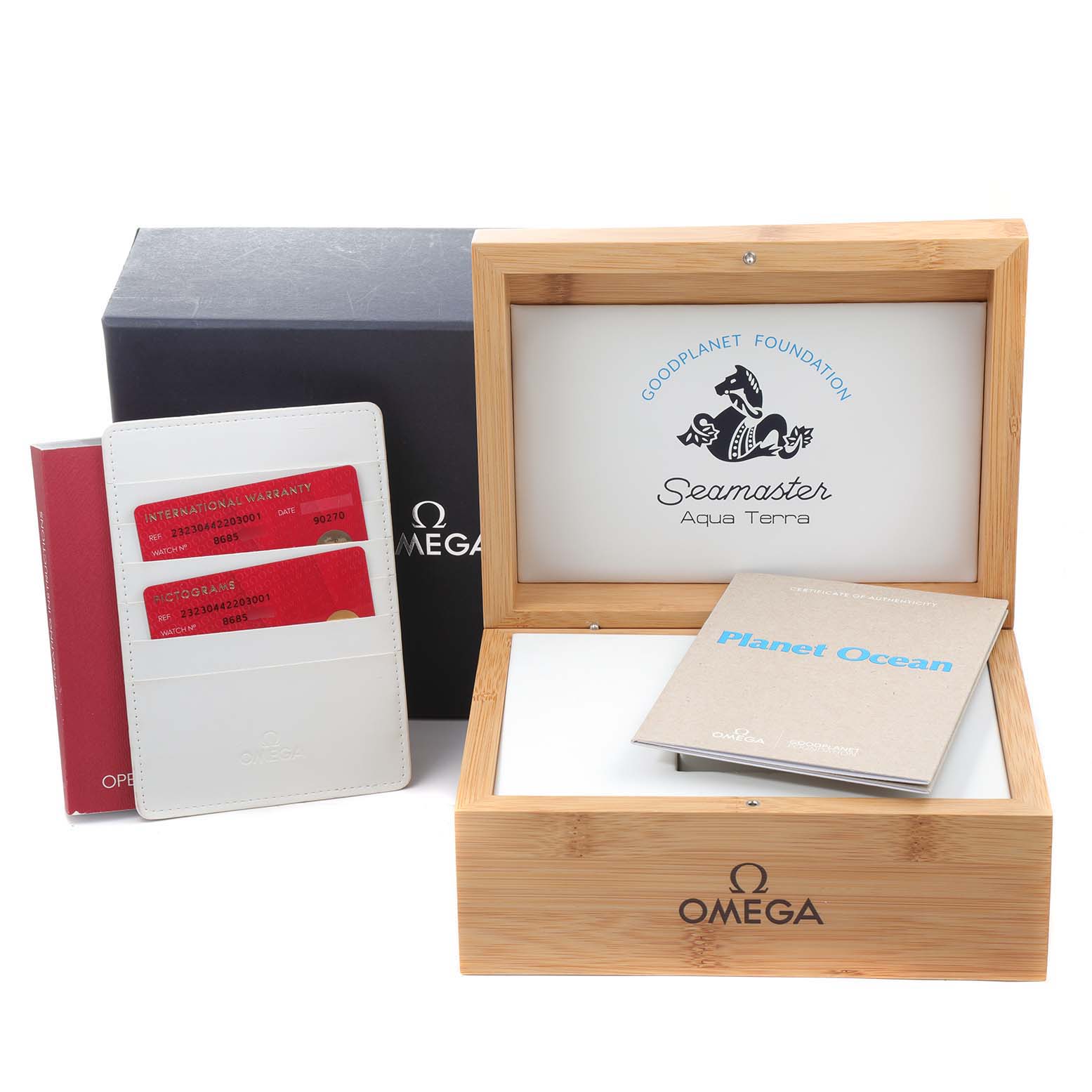 The image shows the packaging, documentation, and warranty cards for the Omega Seamaster Planet Ocean watch.