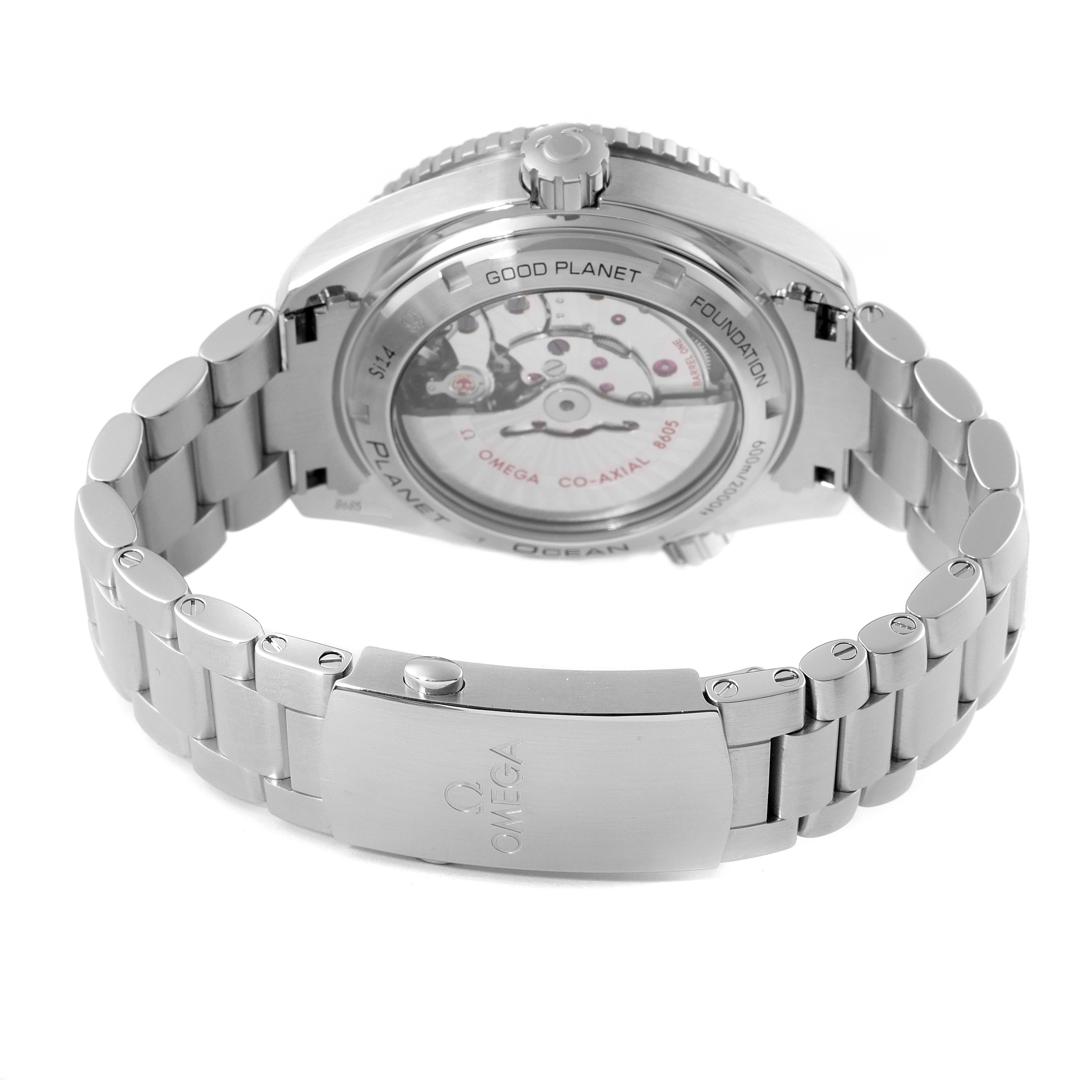 The image shows the back view of an Omega Planet Ocean 232.30.44.22.03.001 Men's Stainless Steel Blue Dial 232.30.44.22.03.001 Men's Stainless Steel Blue Dial watch, displaying its metallic bracelet and transparent case back.