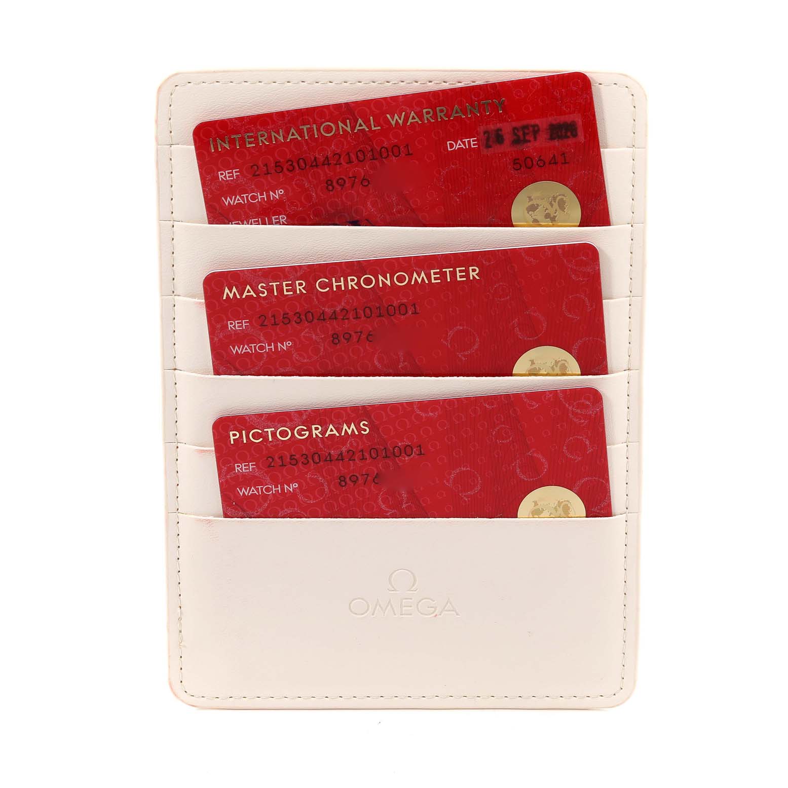 The image shows warranty and certification cards for the Omega Planet Ocean 215.30.44.21.01.001 Men
s Stainless Steel Black Dial 215.30.44.21.01.001 Men
s Stainless Steel Black Dial watch, held in a white cardholder.