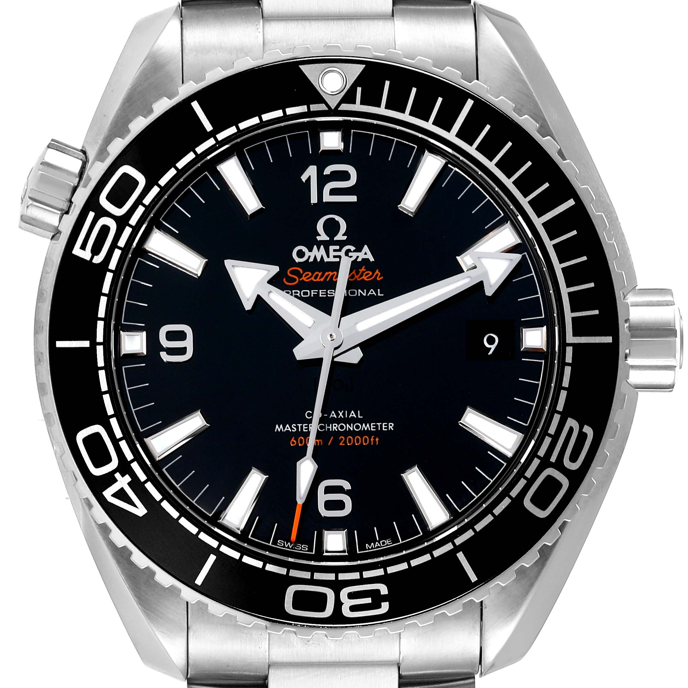 This image shows a front view of the Omega Planet Ocean 215.30.44.21.01.001 Men
s Stainless Steel Black Dial 215.30.44.21.01.001 Men
s Stainless Steel Black Dial model, highlighting the dial, bezel, hands, and date window.