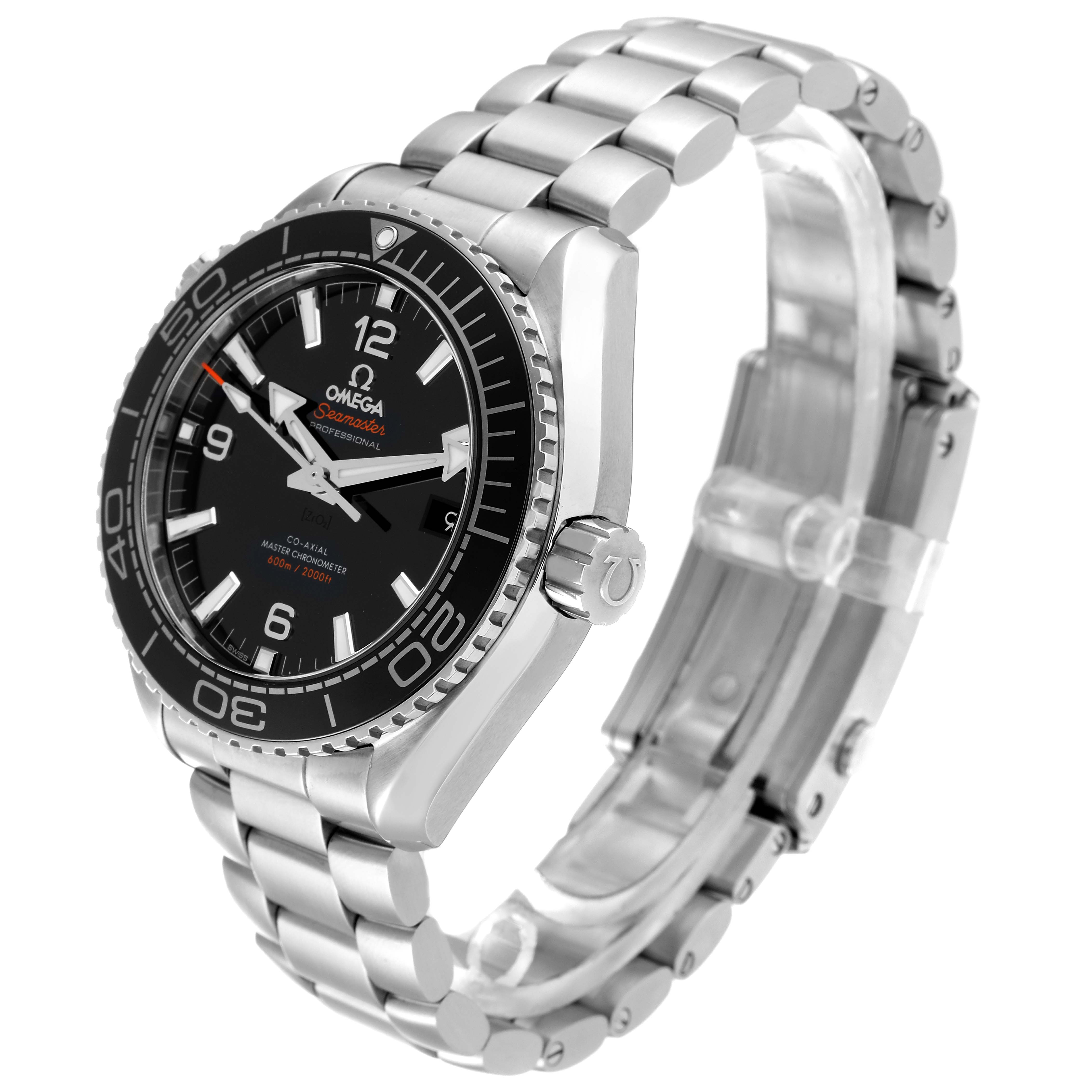 The Omega Planet Ocean 215.30.44.21.01.001 Men
s Stainless Steel Black Dial 215.30.44.21.01.001 Men
s Stainless Steel Black Dial watch is shown at a three-quarter angle, displaying the face, bezel, crown, and metal bracelet.