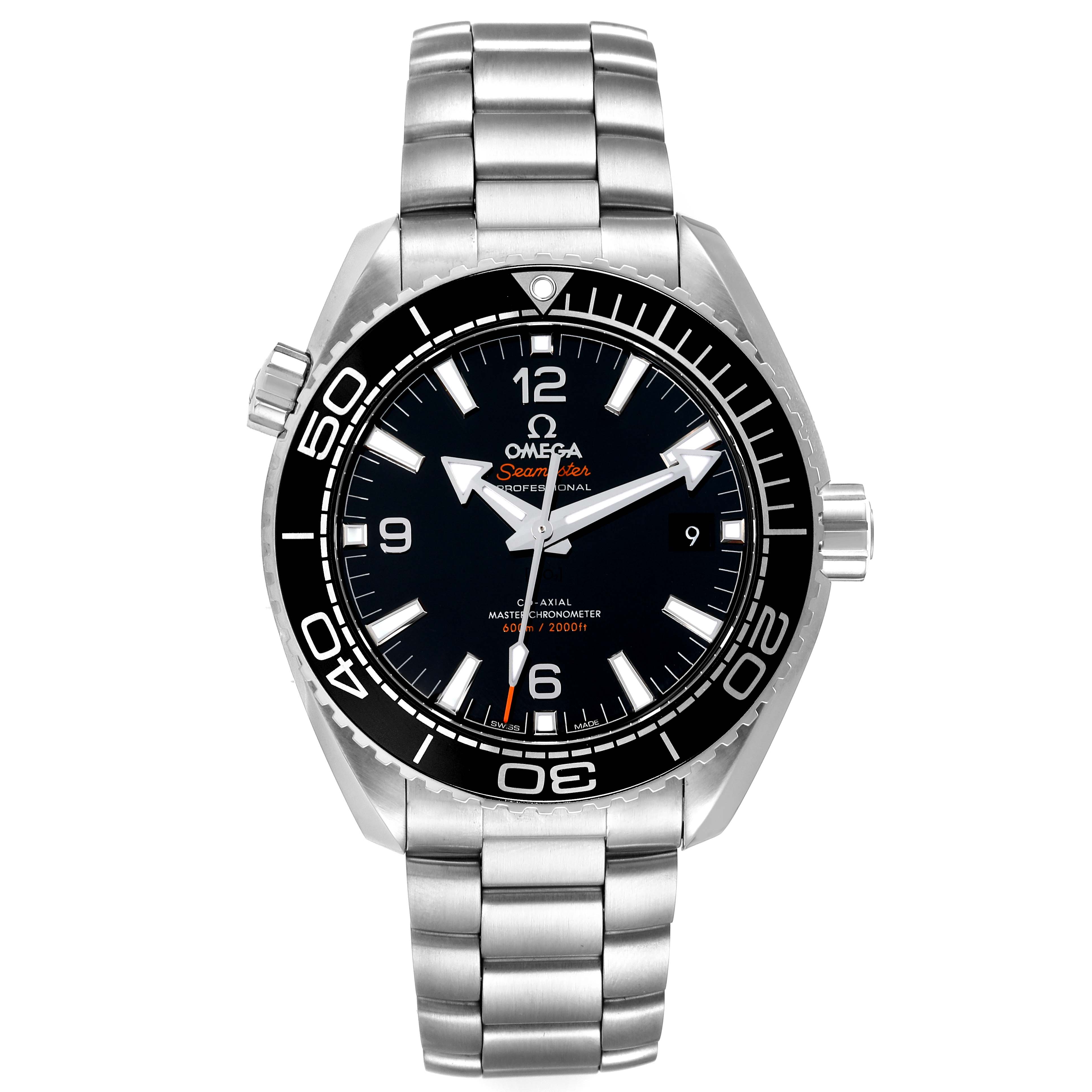 This image shows the front view of the Omega Planet Ocean 215.30.44.21.01.001 Men
s Stainless Steel Black Dial 215.30.44.21.01.001 Men
s Stainless Steel Black Dial Seamaster watch, featuring its face, bezel, and bracelet.