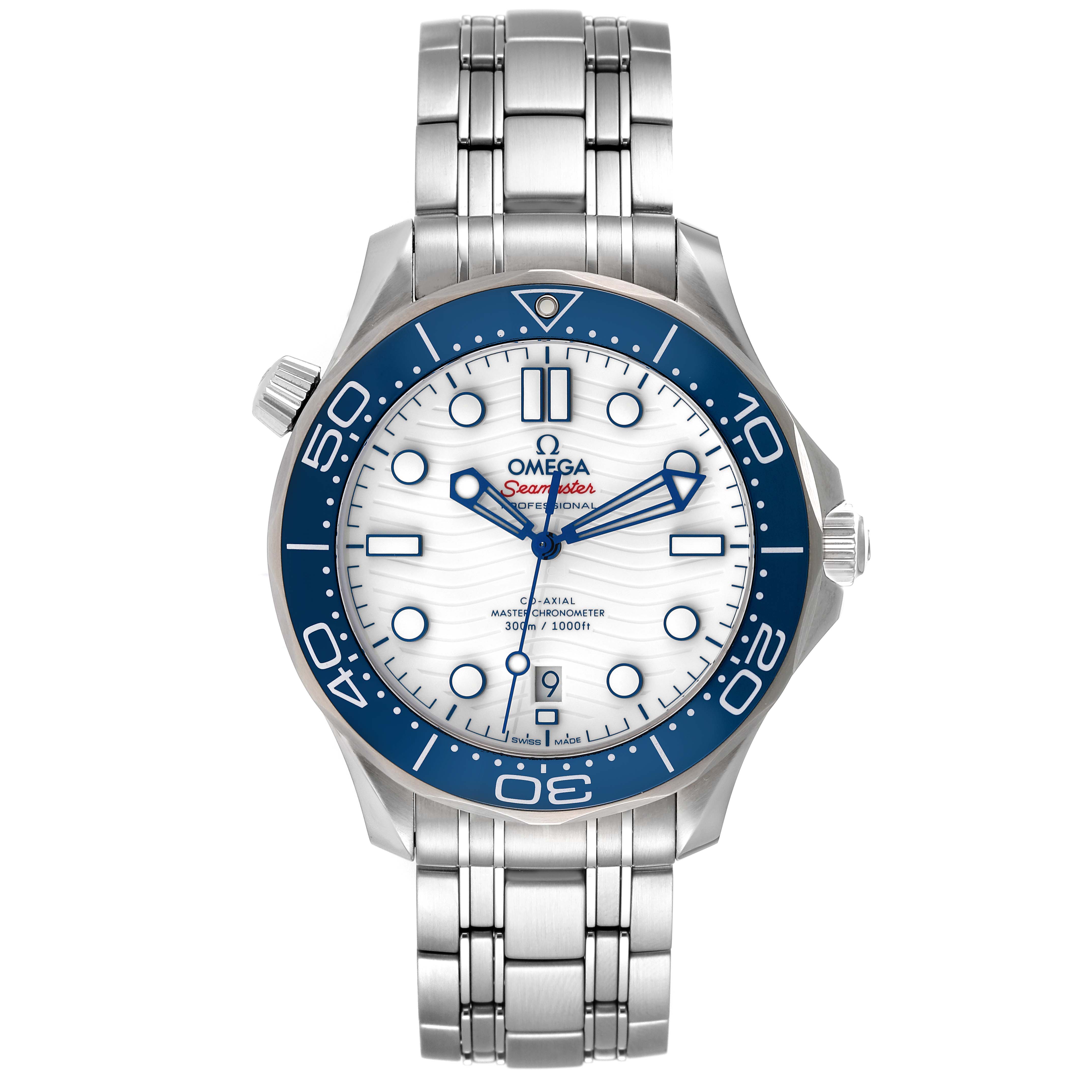 The image shows a front view of an Omega Seamaster 522.30.42.20.04.001 Men's Stainless Steel White Dial 522.30.42.20.04.001 Men's Stainless Steel White Dial watch, featuring a blue bezel, white dial, and stainless steel bracelet.