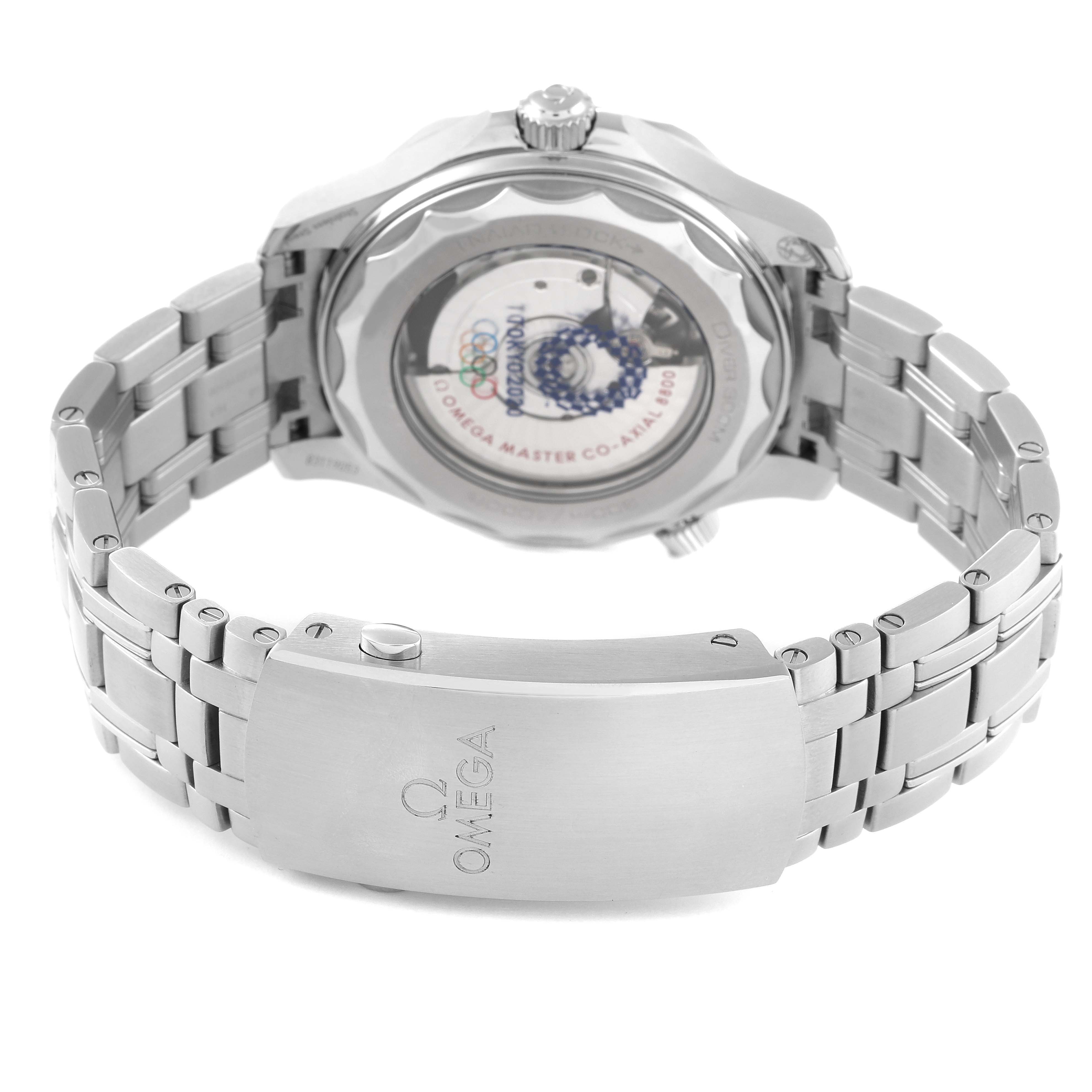 The image shows the back of the Omega Seamaster 522.30.42.20.04.001 Men's Stainless Steel White Dial 522.30.42.20.04.001 Men's Stainless Steel White Dial watch, featuring the clasp, bracelet, and case back with visible movement.