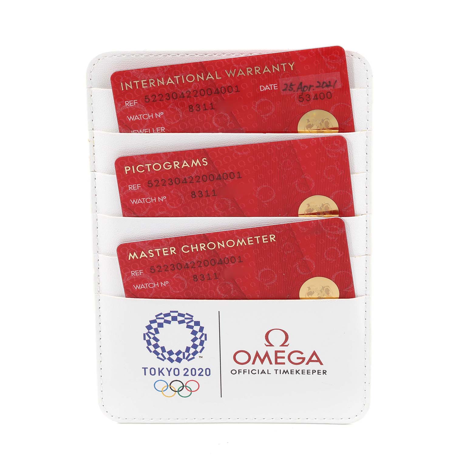 The image shows cards for the Omega Seamaster 522.30.42.20.04.001 Men's Stainless Steel White Dial 522.30.42.20.04.001 Men's Stainless Steel White Dial model: International Warranty, Pictograms, and Master Chronometer, partly visible in a white holder.