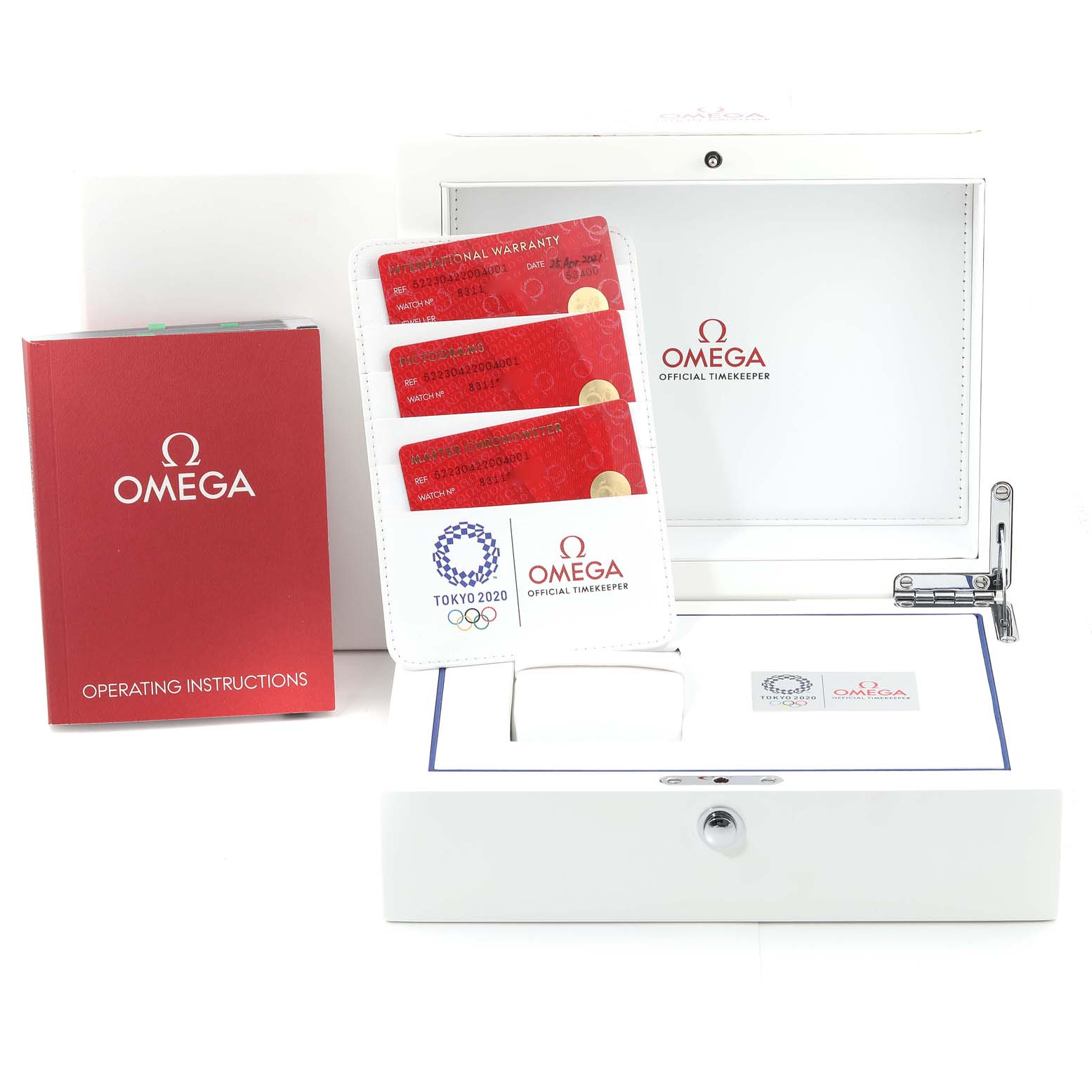 This image shows the packaging, warranty cards, and operating instructions for an Omega Seamaster 522.30.42.20.04.001 Men's Stainless Steel White Dial 522.30.42.20.04.001 Men's Stainless Steel White Dial watch.