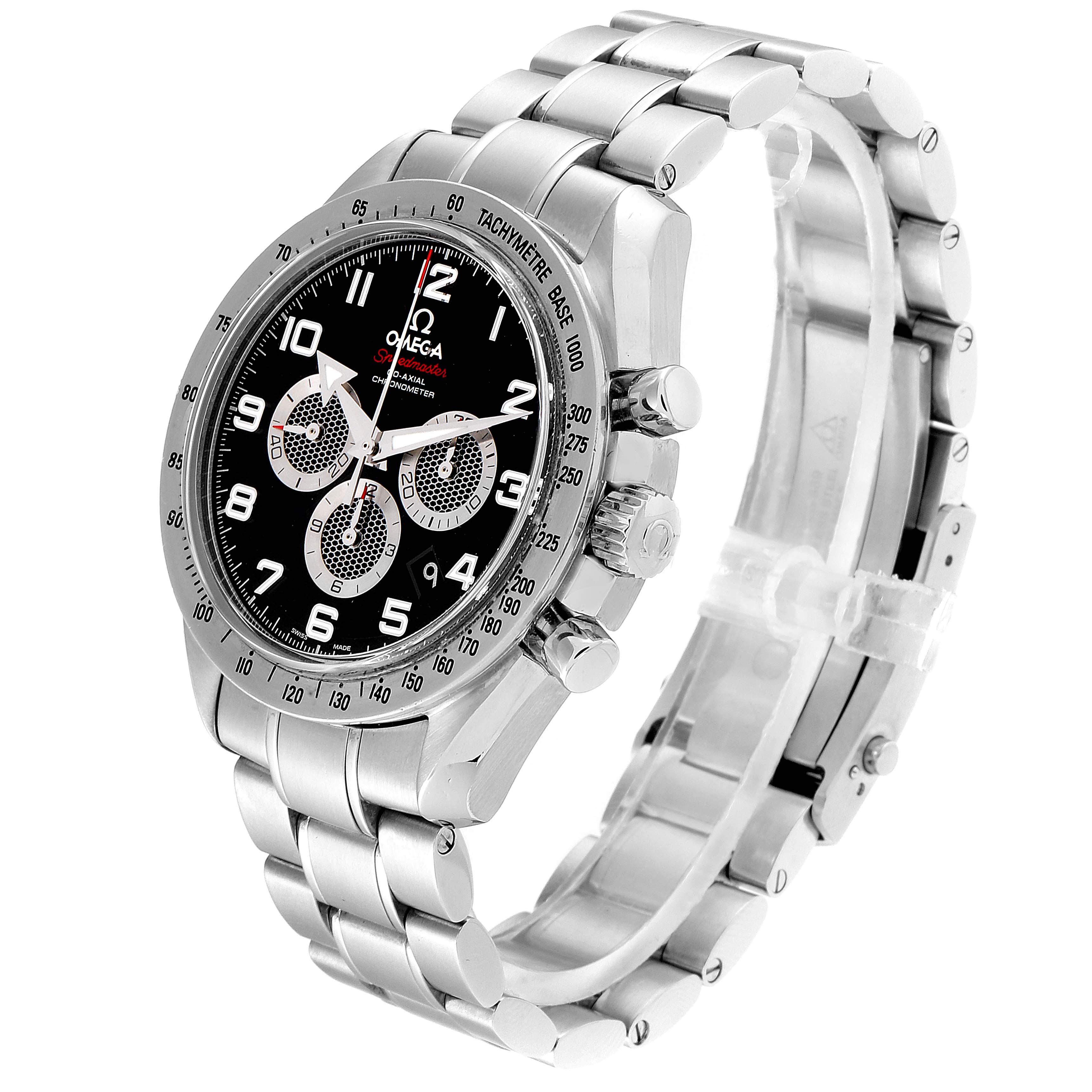 The Omega Speedmaster 321.10.44.50.01.001 Men's Stainless Steel Black Dial 321.10.44.50.01.001 Men's Stainless Steel Black Dial watch is shown at a three-quarter angle, displaying its face, bezel, crown, buttons, and metal bracelet.