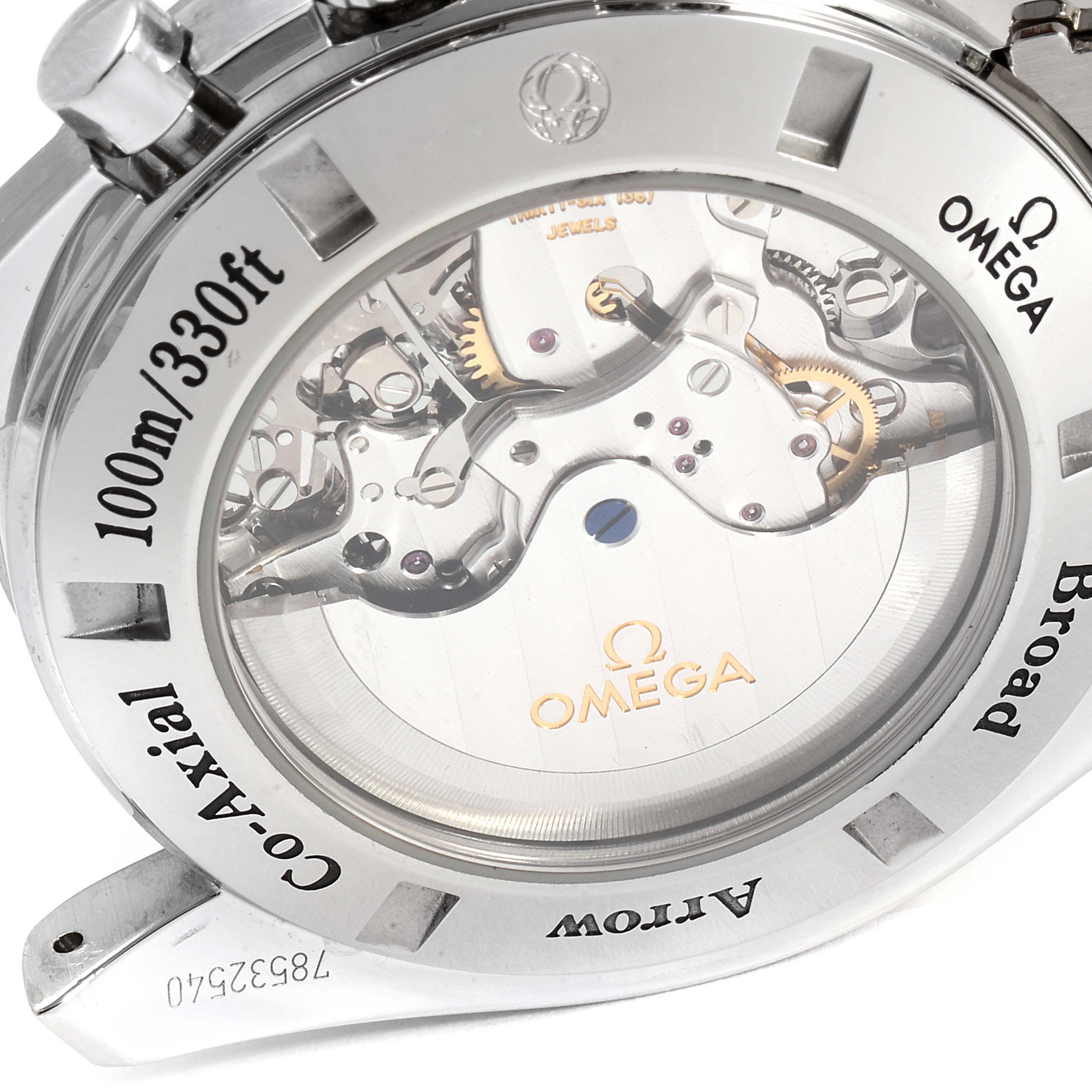 The image shows the back case of an Omega Speedmaster 321.10.44.50.01.001 Men's Stainless Steel Black Dial 321.10.44.50.01.001 Men's Stainless Steel Black Dial watch, revealing its mechanical movement.