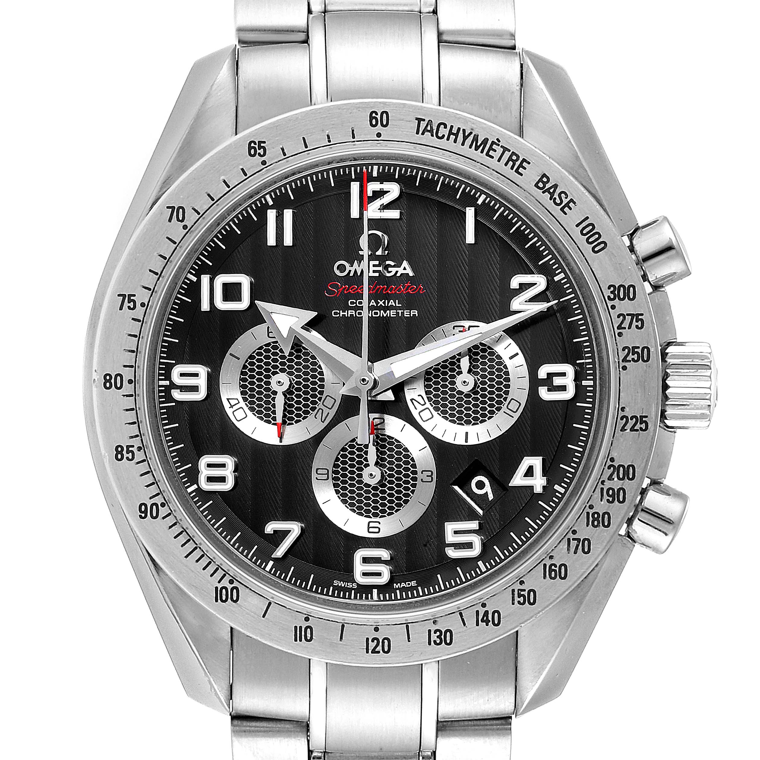 This image shows a front view of an Omega Speedmaster 321.10.44.50.01.001 Men's Stainless Steel Black Dial 321.10.44.50.01.001 Men's Stainless Steel Black Dial watch, highlighting its dial, bezel, and bracelet.
