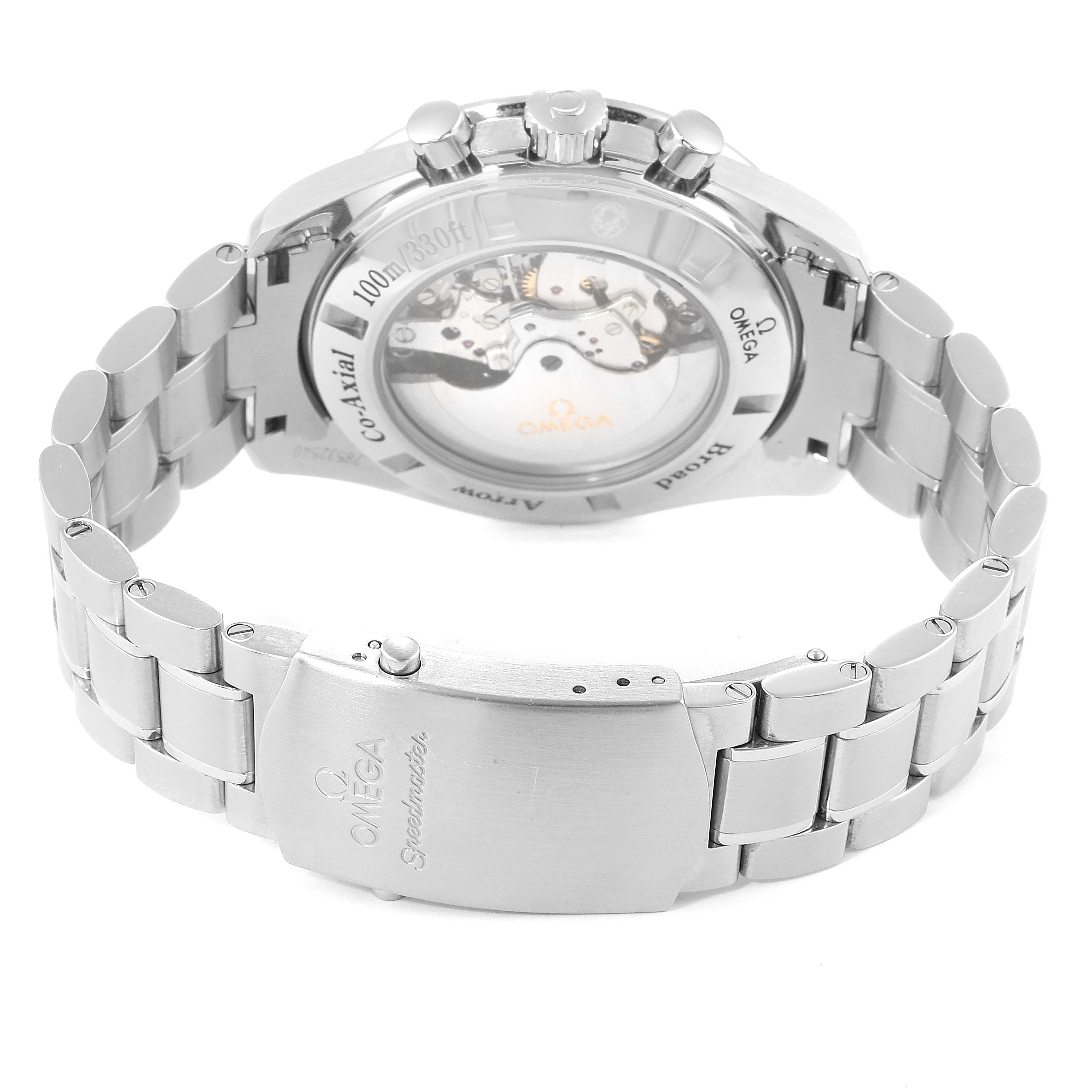 The image shows the back and bracelet of an Omega Speedmaster 321.10.44.50.01.001 Men's Stainless Steel Black Dial 321.10.44.50.01.001 Men's Stainless Steel Black Dial watch, highlighting its movement and clasp.