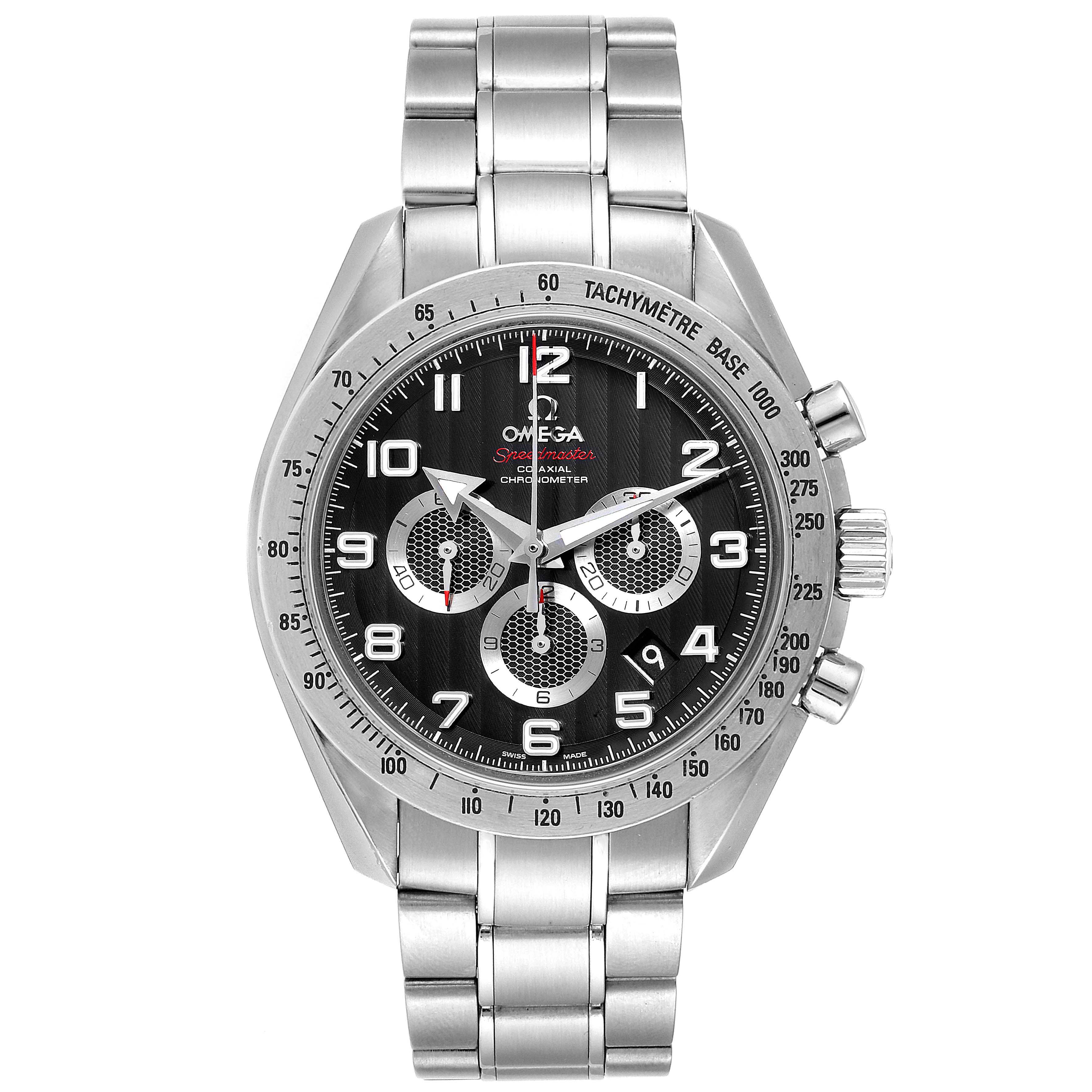 This Omega Speedmaster 321.10.44.50.01.001 Men's Stainless Steel Black Dial 321.10.44.50.01.001 Men's Stainless Steel Black Dial watch is shown from a front angle, displaying the face, dial, tachymeter, and stainless steel band.