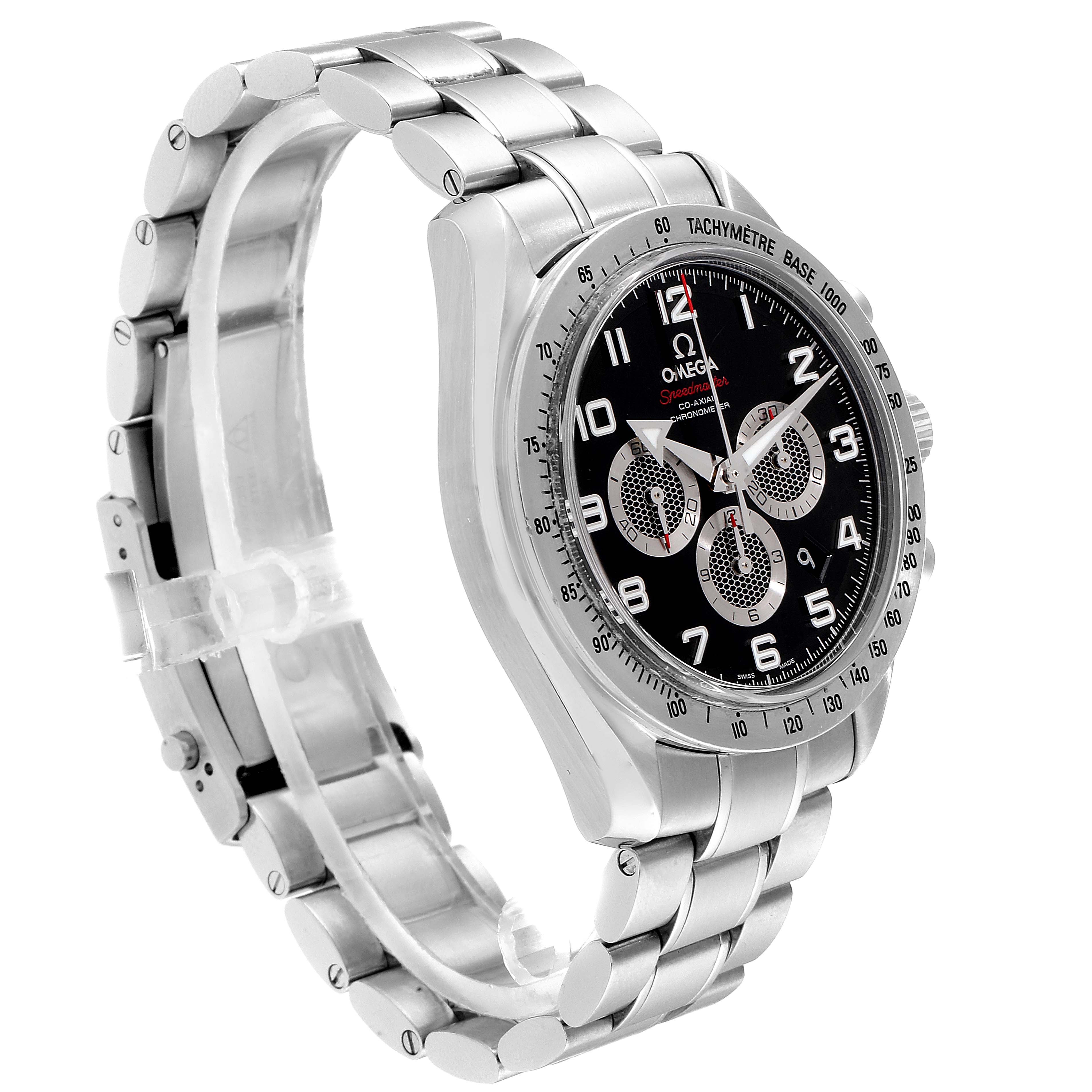 The image shows an Omega Speedmaster 321.10.44.50.01.001 Men's Stainless Steel Black Dial 321.10.44.50.01.001 Men's Stainless Steel Black Dial watch at a side angle, featuring its silver bracelet, black dial, and multiple sub-dials.