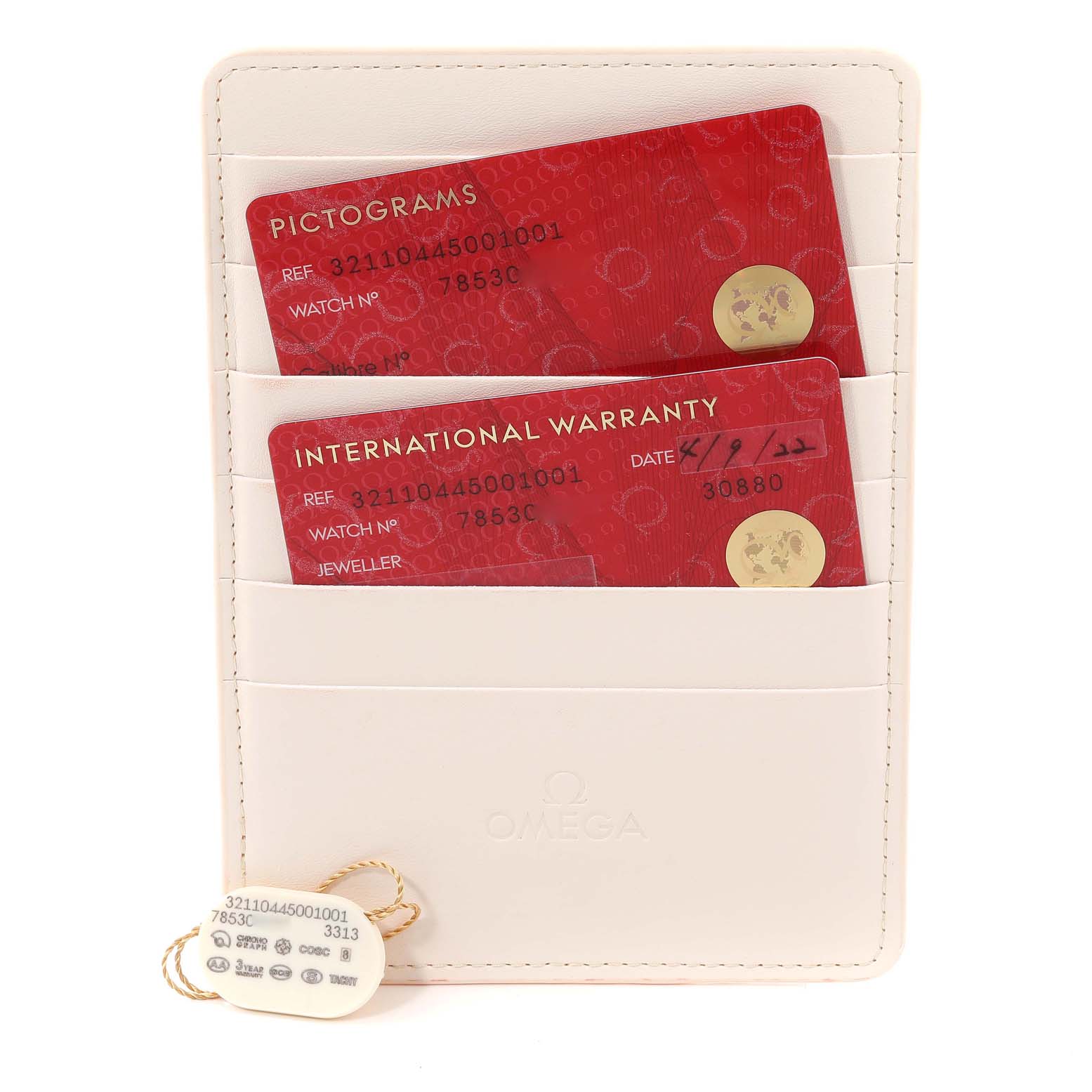 The image shows an Omega Speedmaster 321.10.44.50.01.001 Men's Stainless Steel Black Dial 321.10.44.50.01.001 Men's Stainless Steel Black Dial model warranty card and pictogram card in a white cardholder.