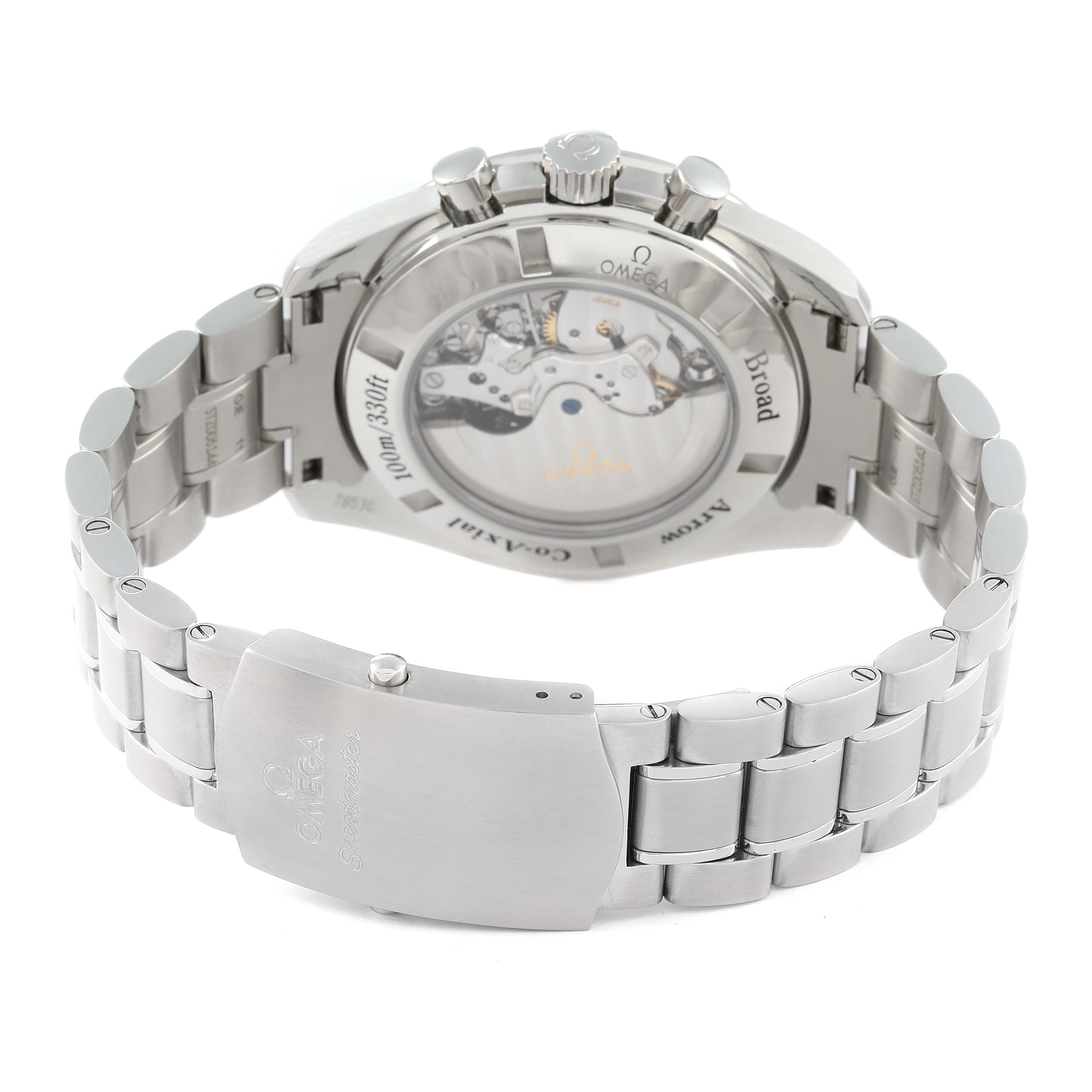 The image shows the backside and bracelet of an Omega Speedmaster 321.10.44.50.01.001 Men's Stainless Steel Black Dial 321.10.44.50.01.001 Men's Stainless Steel Black Dial watch, highlighting its see-through case back and metal clasp.