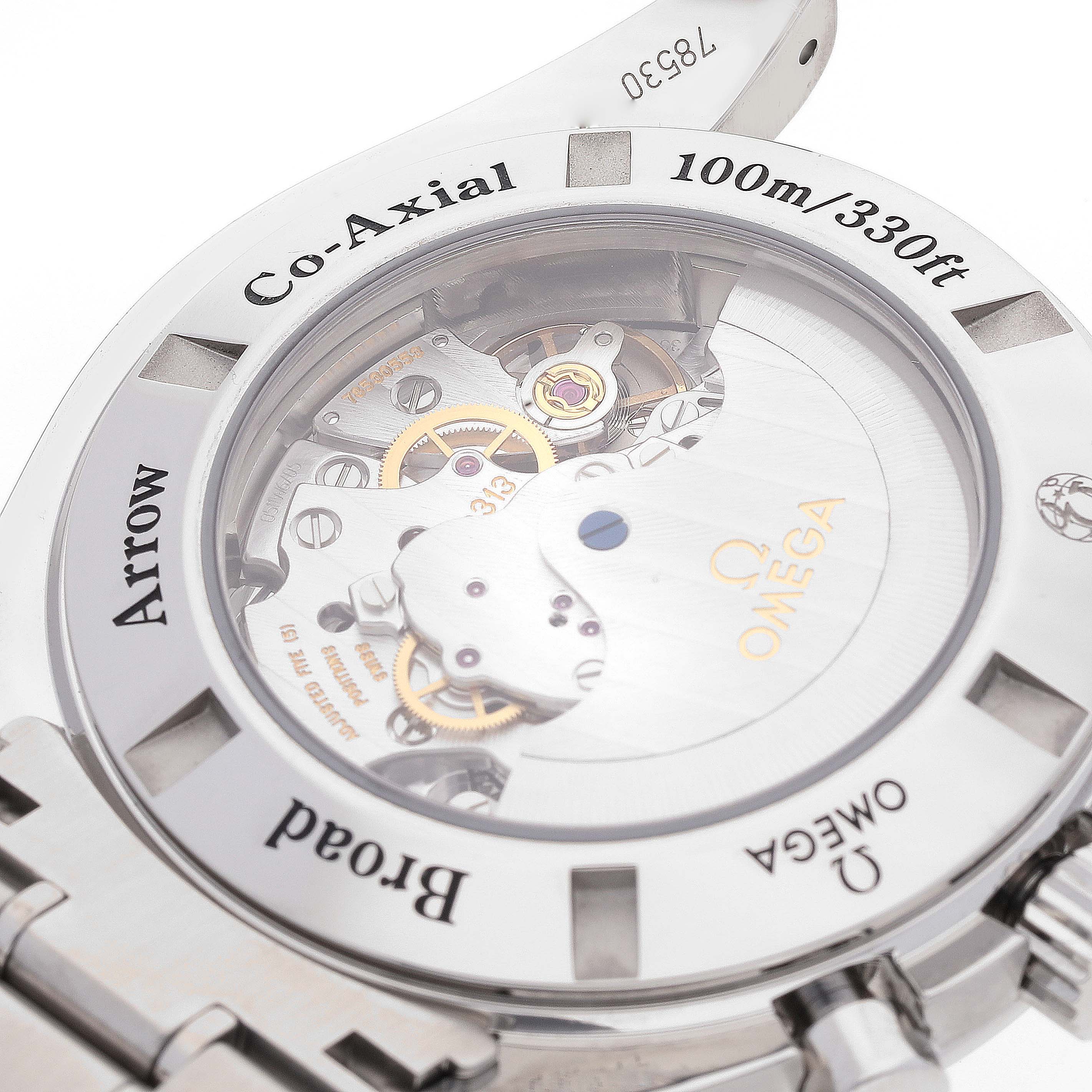 The image shows the back of an Omega Speedmaster 321.10.44.50.01.001 Men's Stainless Steel Black Dial 321.10.44.50.01.001 Men's Stainless Steel Black Dial, highlighting the watch movement and partially visible bracelet.