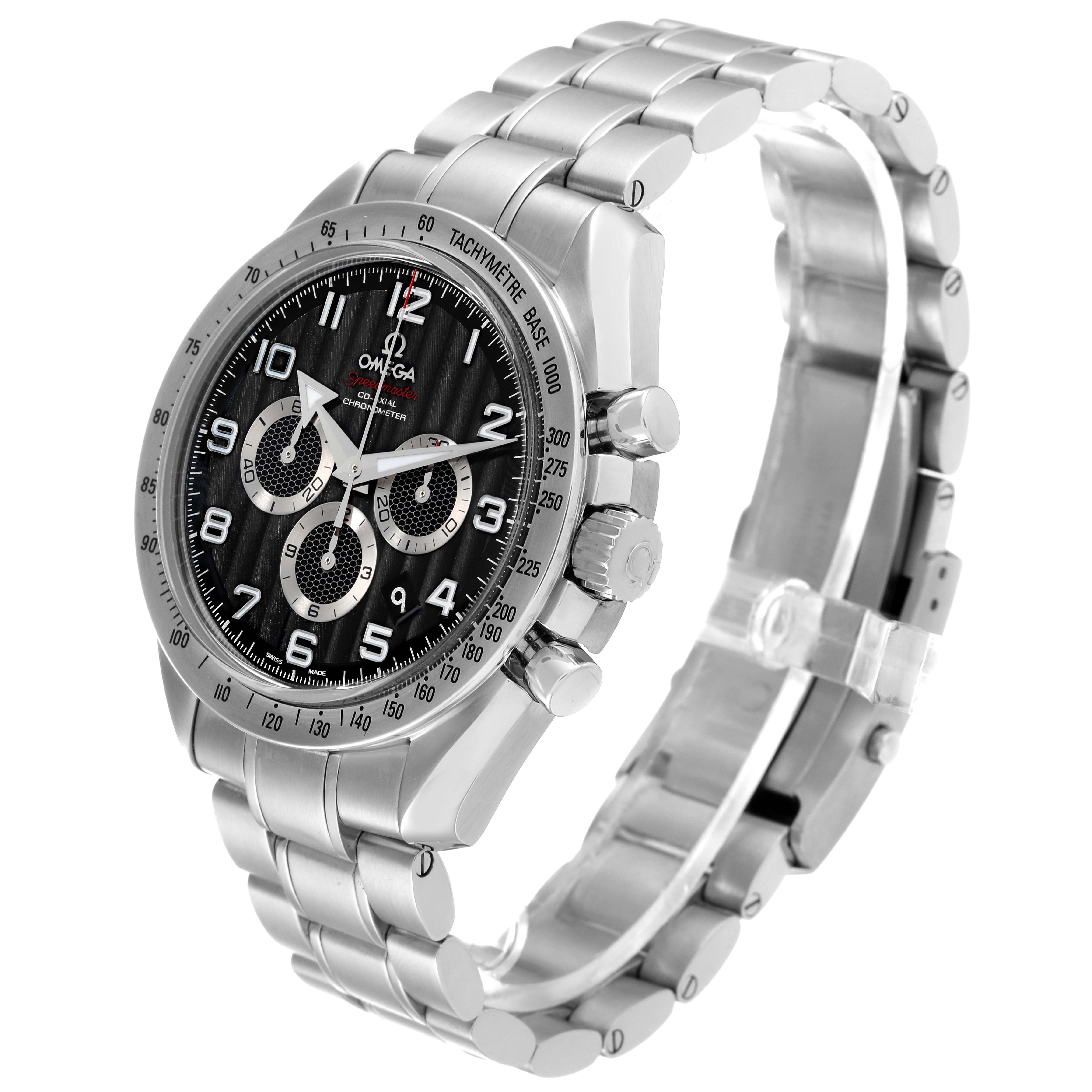 This image shows an Omega Speedmaster 321.10.44.50.01.001 Men's Stainless Steel Black Dial 321.10.44.50.01.001 Men's Stainless Steel Black Dial watch from a front-left angle, highlighting its bezel, dial, subdials, and bracelet.