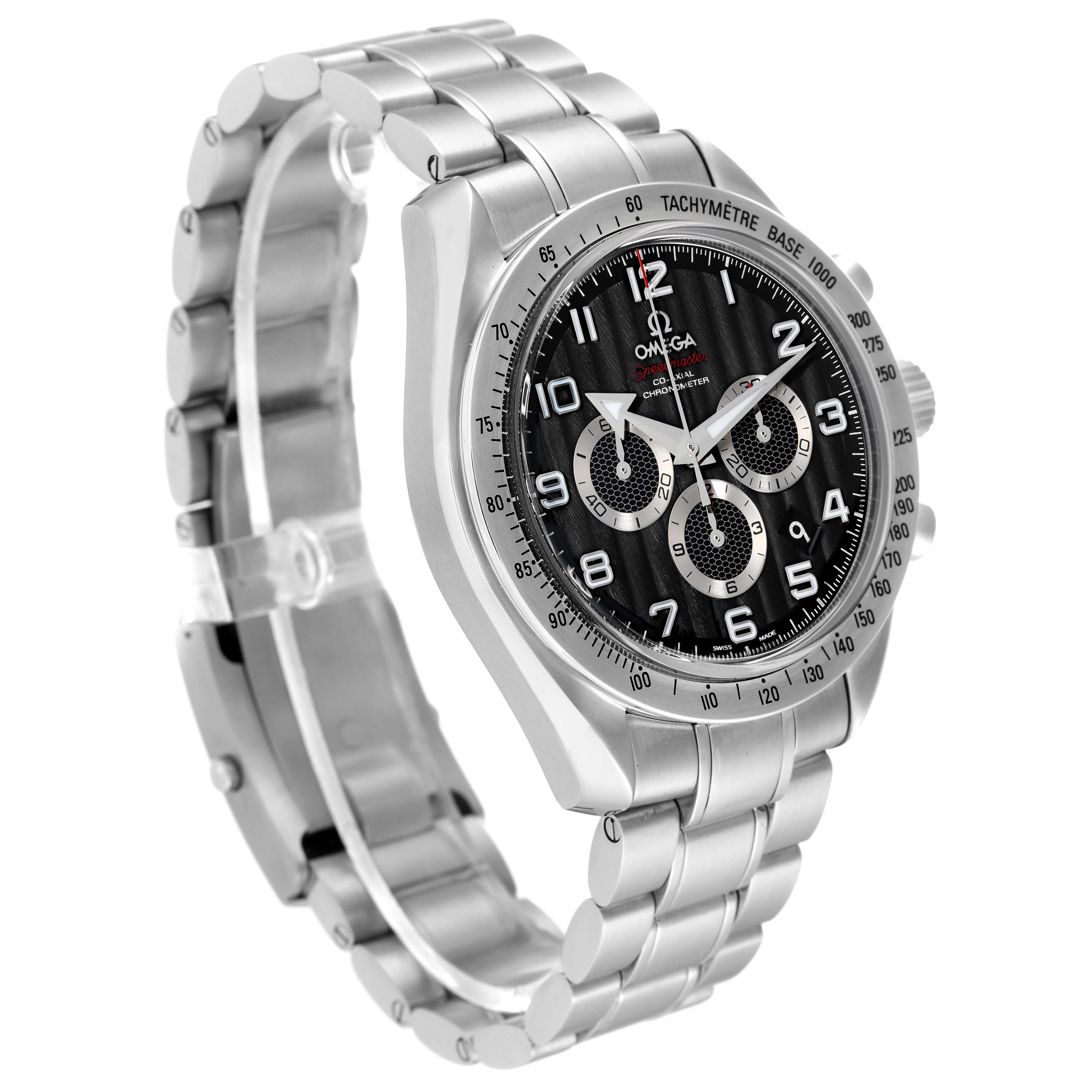 The image shows an Omega Speedmaster 321.10.44.50.01.001 Men's Stainless Steel Black Dial 321.10.44.50.01.001 Men's Stainless Steel Black Dial watch at a slight side angle, highlighting its stainless steel band and black dial.