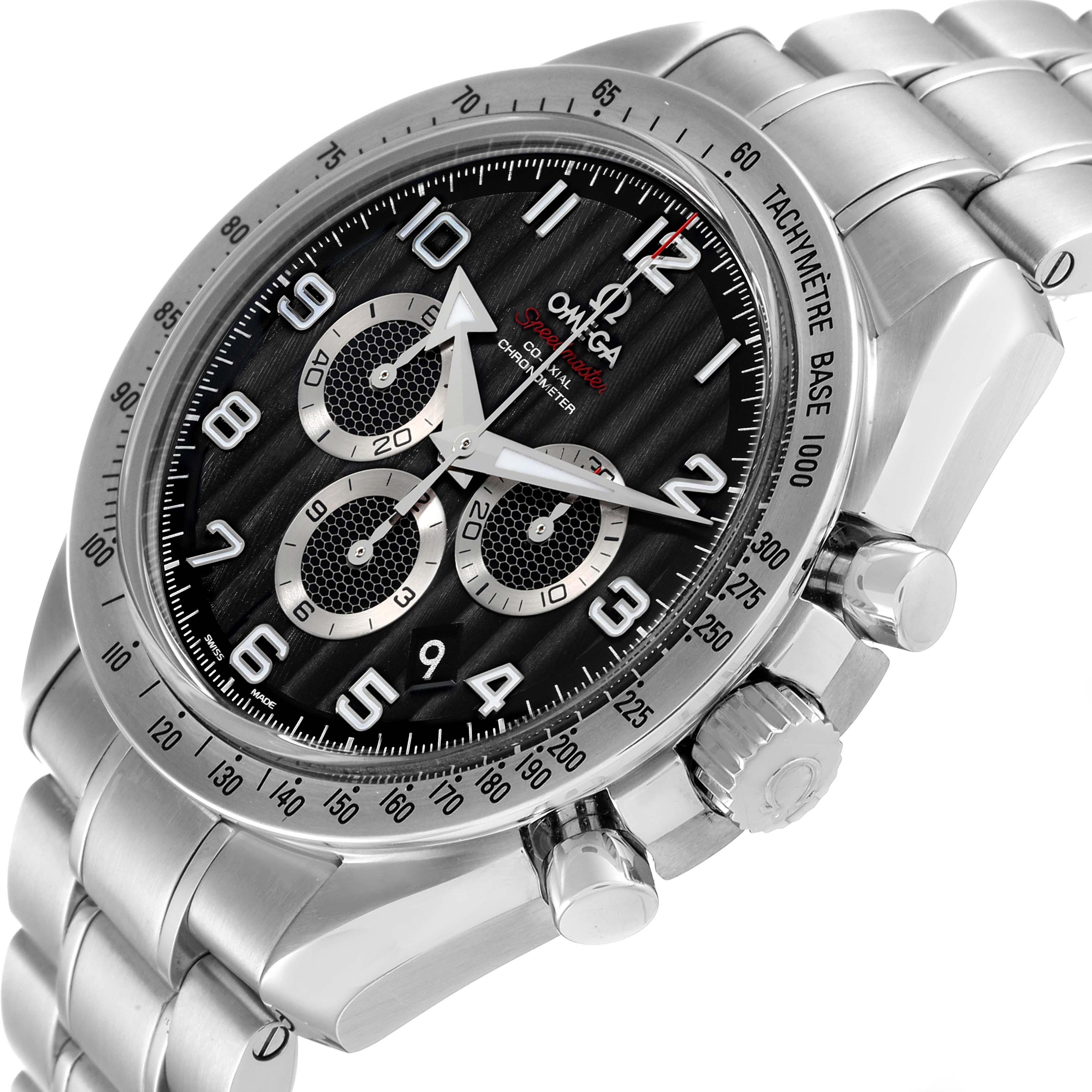 The image shows a close-up angle of the face, bezel, crown, and chronograph pushers of an Omega Speedmaster 321.10.44.50.01.001 Men's Stainless Steel Black Dial 321.10.44.50.01.001 Men's Stainless Steel Black Dial watch.