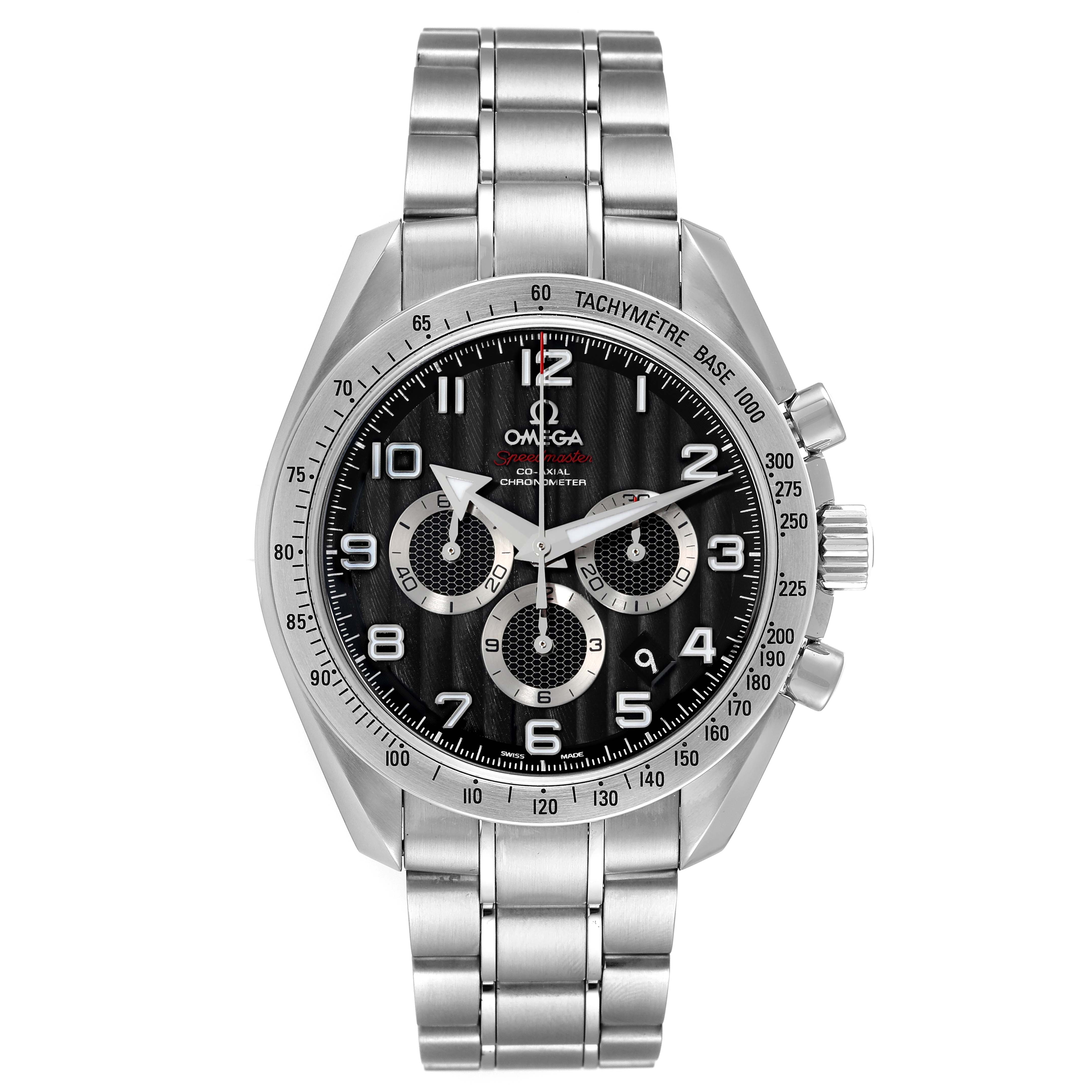 The image shows a front view of the Omega Speedmaster 321.10.44.50.01.001 Men's Stainless Steel Black Dial 321.10.44.50.01.001 Men's Stainless Steel Black Dial watch with a stainless steel bracelet and tachymeter bezel.