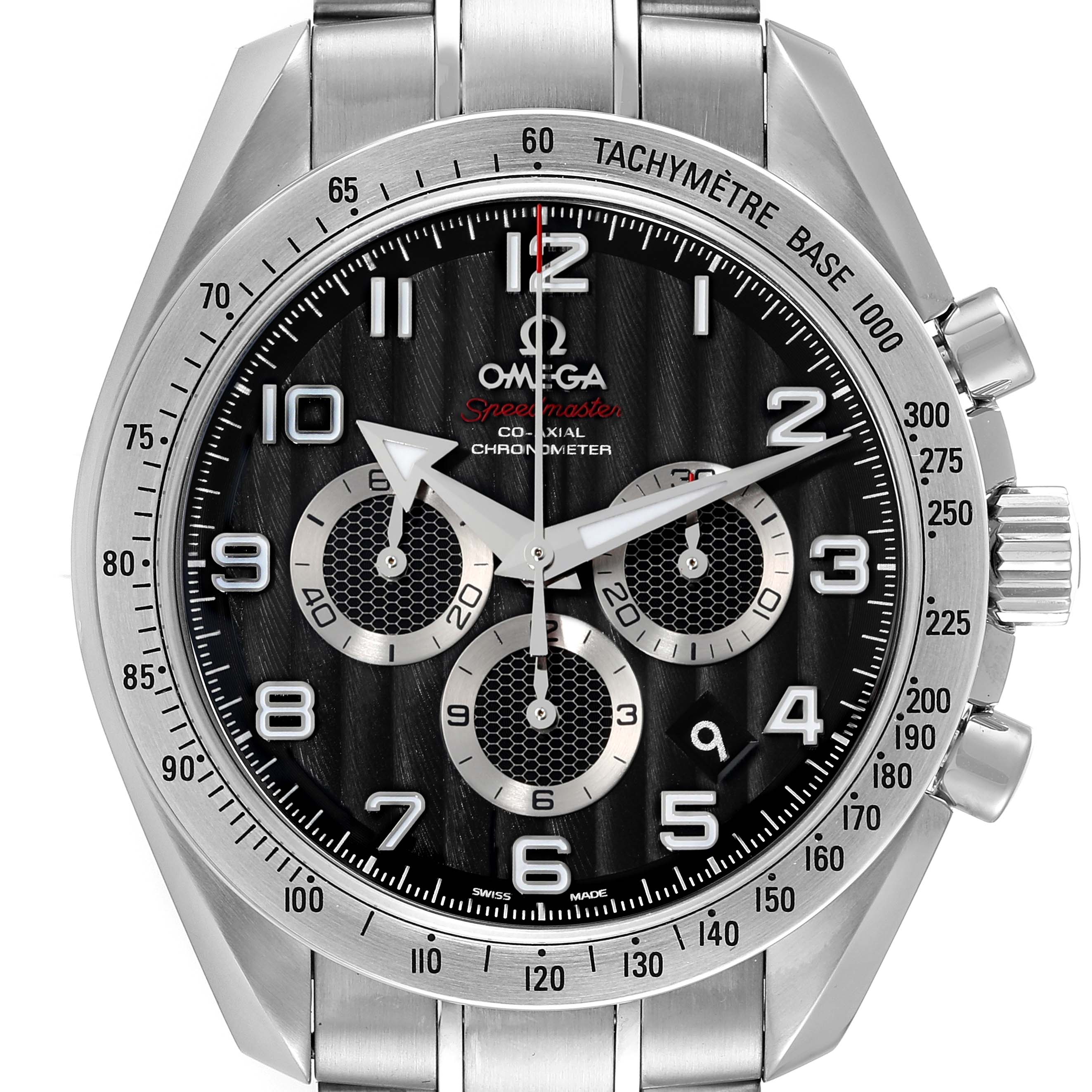 The image shows a front view of an Omega Speedmaster 321.10.44.50.01.001 Men's Stainless Steel Black Dial 321.10.44.50.01.001 Men's Stainless Steel Black Dial watch, highlighting its dial, subdials, bezel, and stainless steel bracelet.