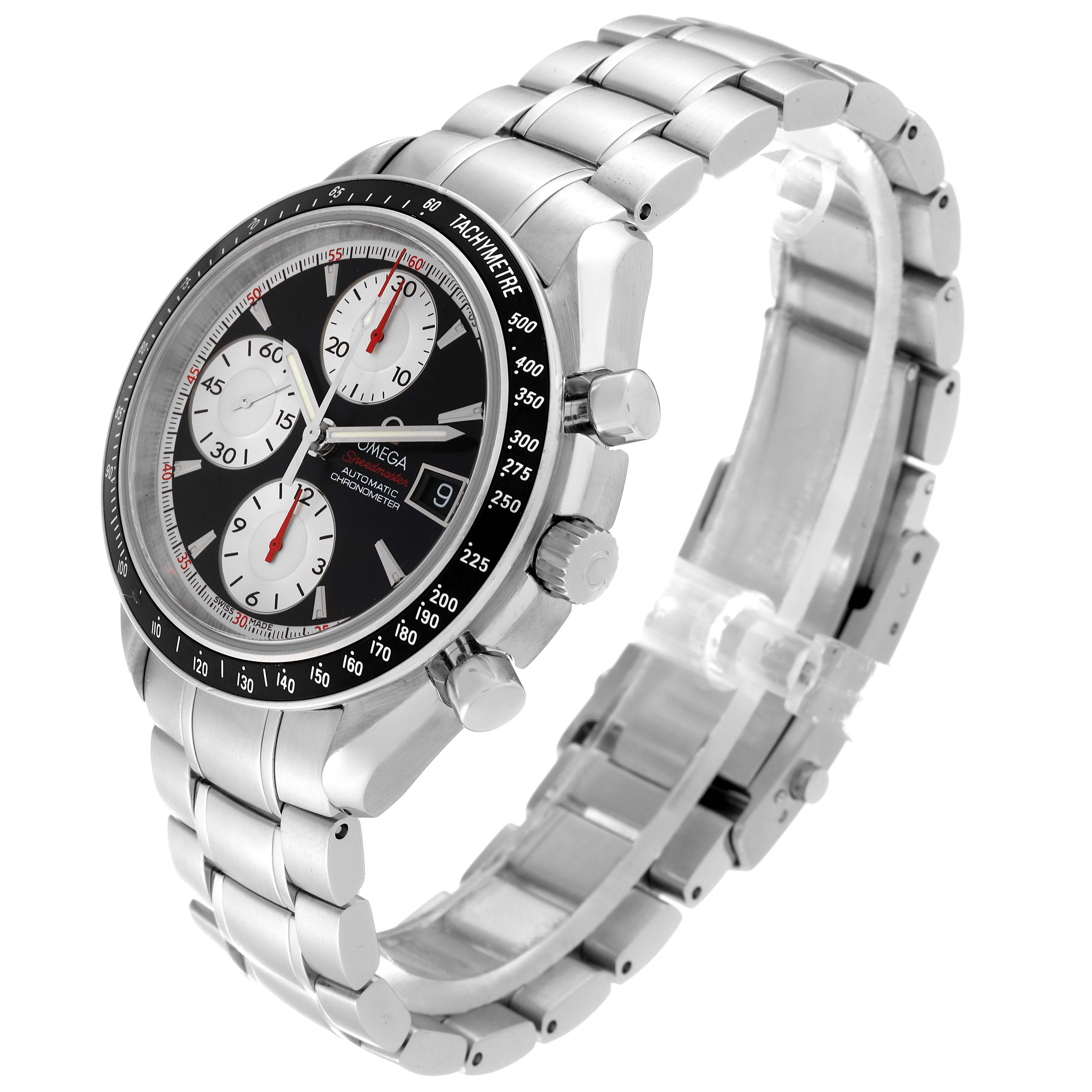 The Omega Speedmaster 3210.51.00 Men
s Stainless Steel Black Dial 3210.51.00 Men
s Stainless Steel Black Dial watch is shown at an angled view, highlighting its black dial, chronograph subdials, date window, and metal bracelet.