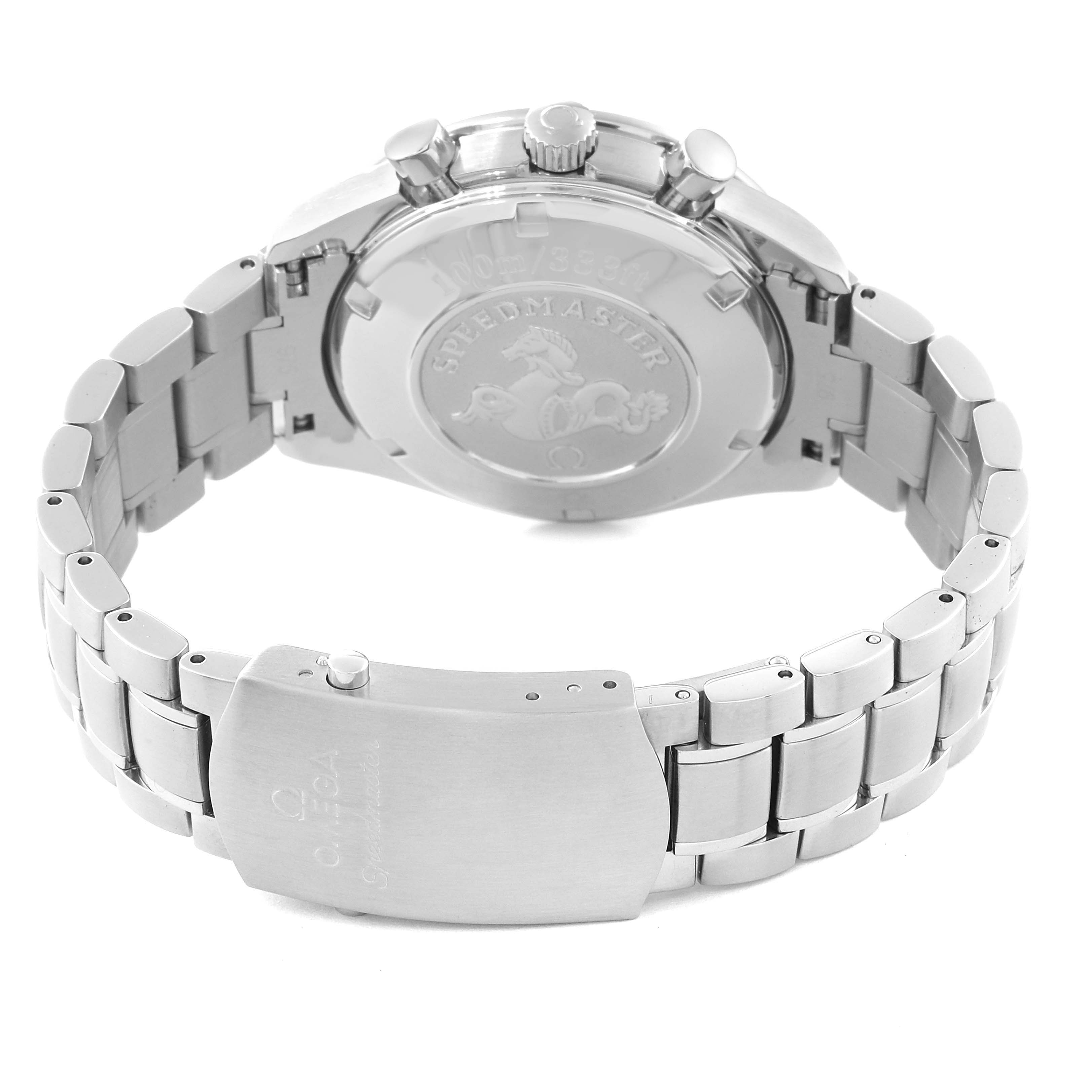 The image shows the back view of an Omega Speedmaster 3210.51.00 Men
s Stainless Steel Black Dial 3210.51.00 Men
s Stainless Steel Black Dial, focusing on the case back and bracelet with clasp.
