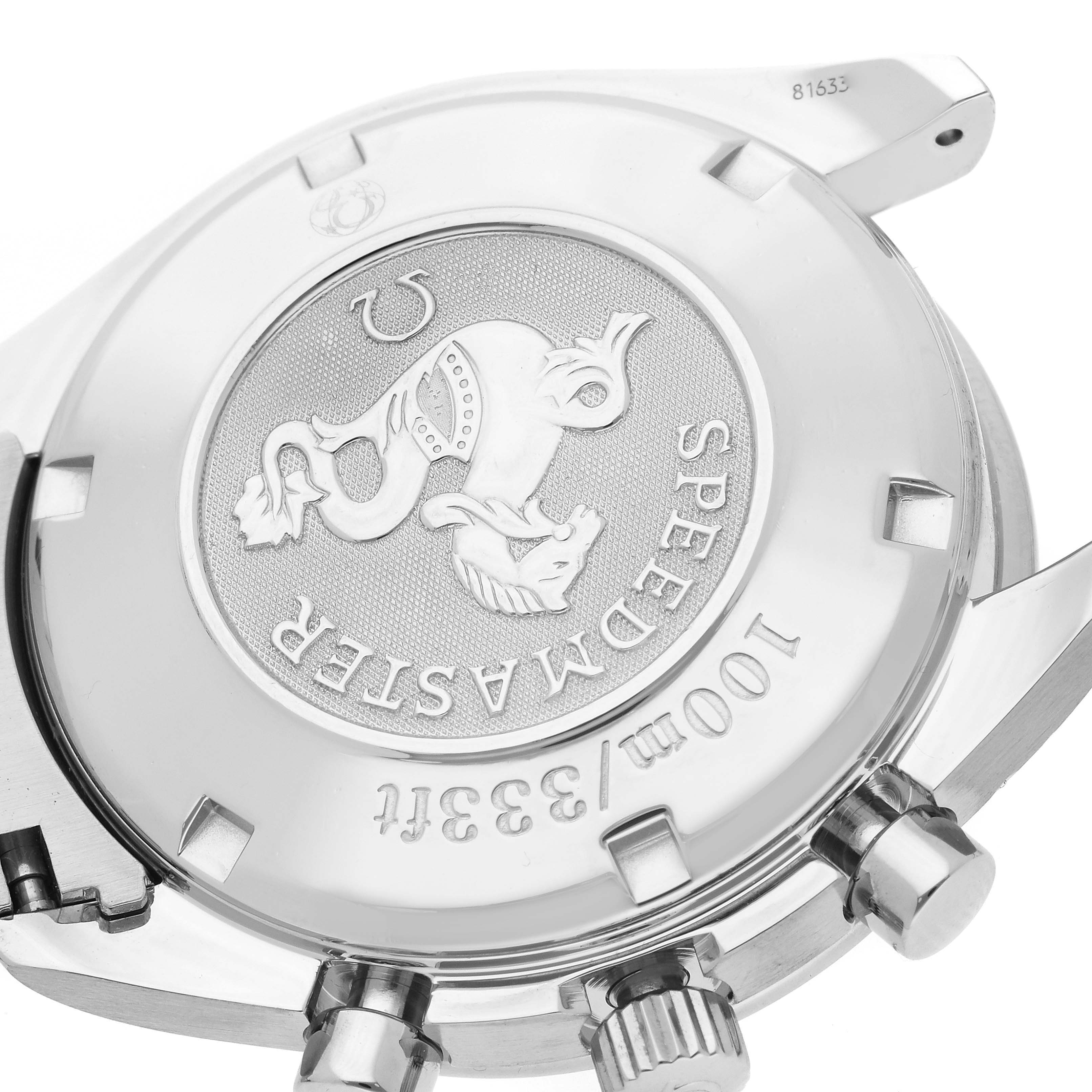 The image shows the back case of the Omega Speedmaster 3210.51.00 Men
s Stainless Steel Black Dial 3210.51.00 Men
s Stainless Steel Black Dial watch, featuring an engraved logo and reference number.