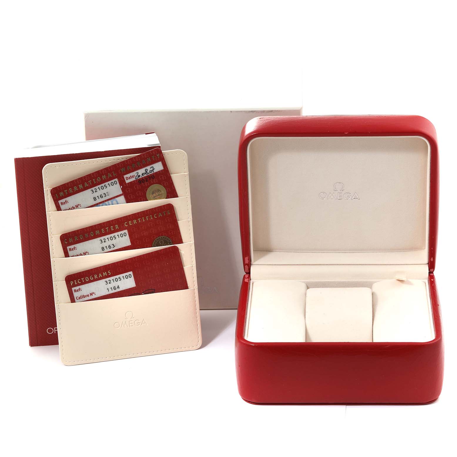 The image shows an Omega Speedmaster 3210.51.00 Men
s Stainless Steel Black Dial 3210.51.00 Men
s Stainless Steel Black Dial watch
s red storage box, warranty cards, information booklets, and white outer box.