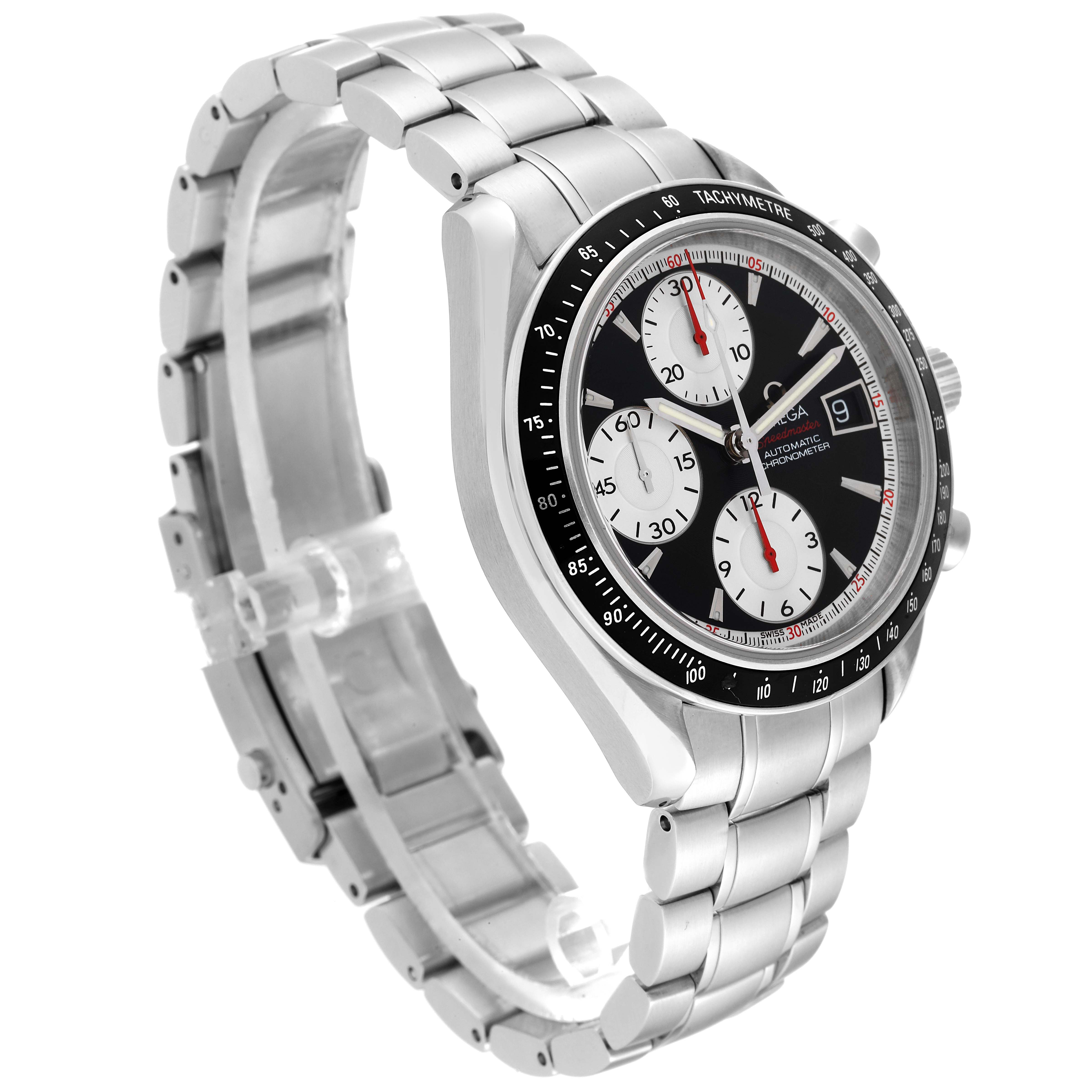 The image shows an angled side view of an Omega Speedmaster 3210.51.00 Men
s Stainless Steel Black Dial 3210.51.00 Men
s Stainless Steel Black Dial watch, highlighting its stainless steel bracelet and chronograph face.