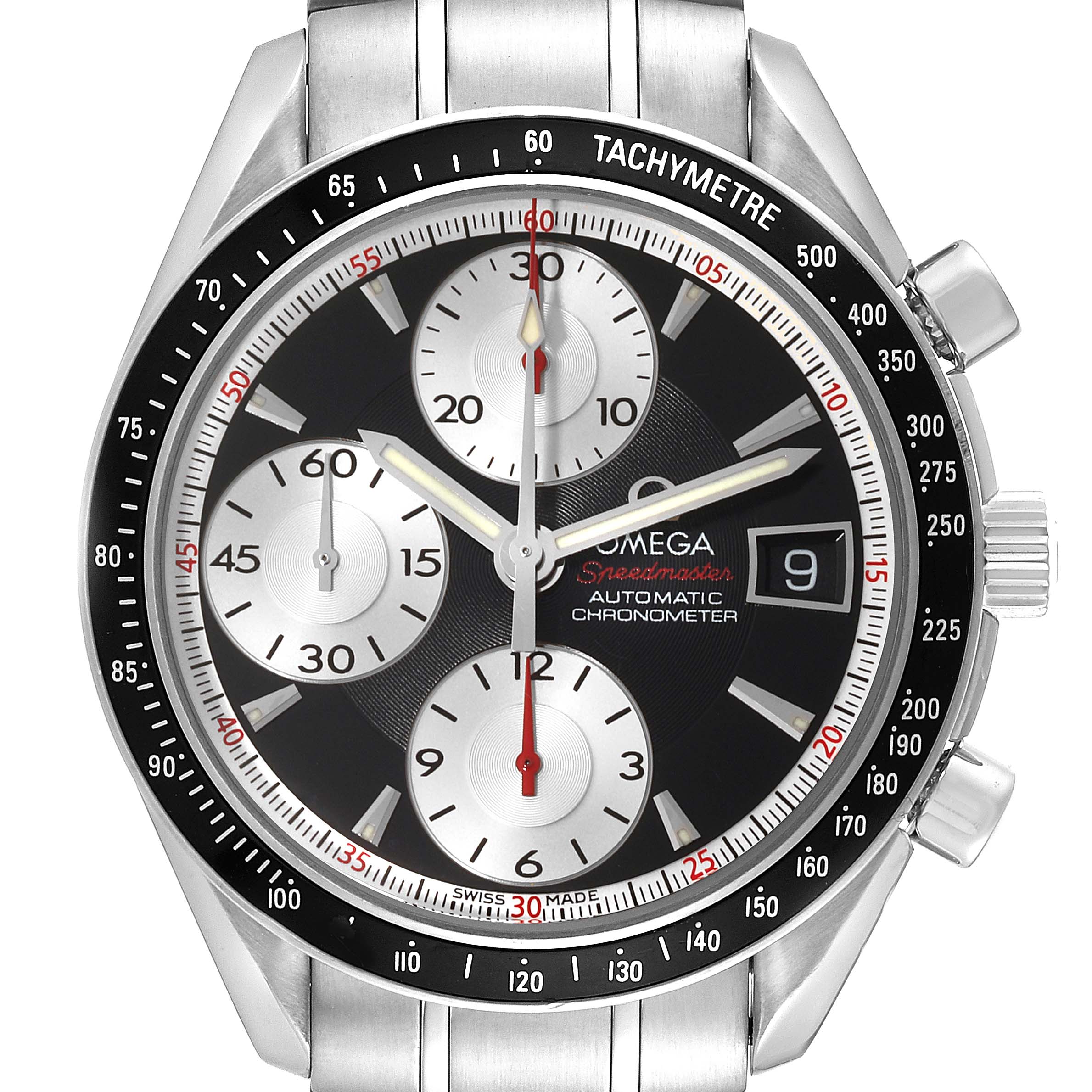 The image shows a front view of an Omega Speedmaster 3210.51.00 Men
s Stainless Steel Black Dial 3210.51.00 Men
s Stainless Steel Black Dial watch, highlighting its dial, chronograph subdials, and tachymeter bezel.