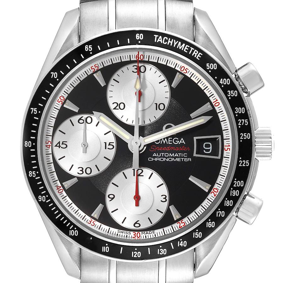 The image shows a front view of an Omega Speedmaster watch, highlighting its dial, chronograph subdials, and tachymeter bezel.