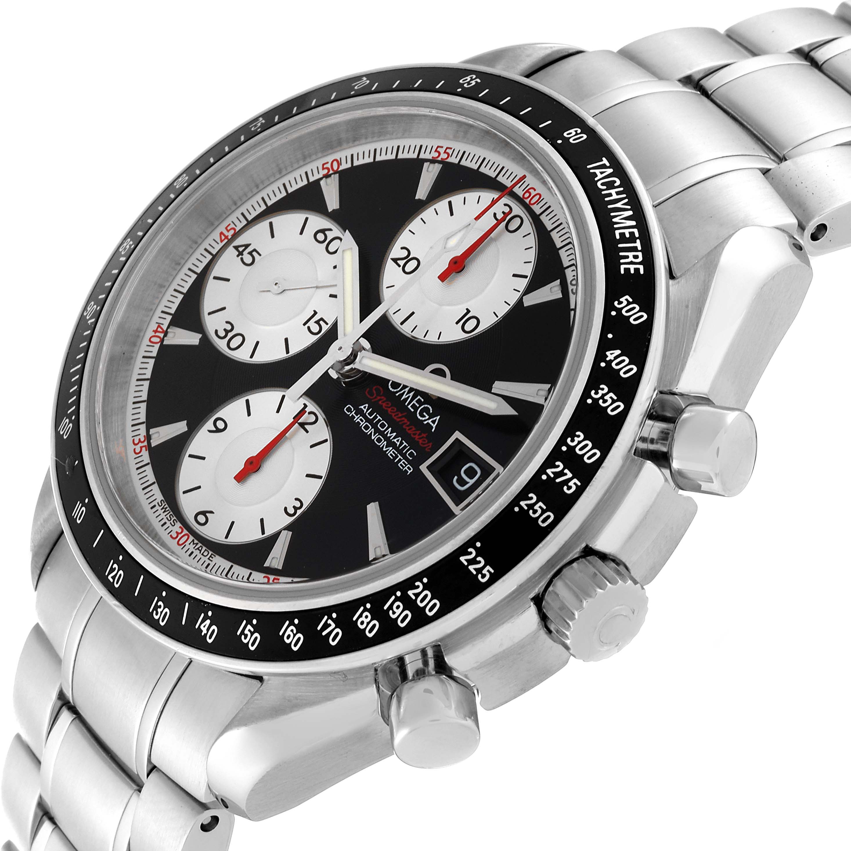 The Omega Speedmaster 3210.51.00 Men
s Stainless Steel Black Dial 3210.51.00 Men
s Stainless Steel Black Dial watch is shown at an angled view highlighting the face, dial, tachymeter, crown, and part of the bracelet.