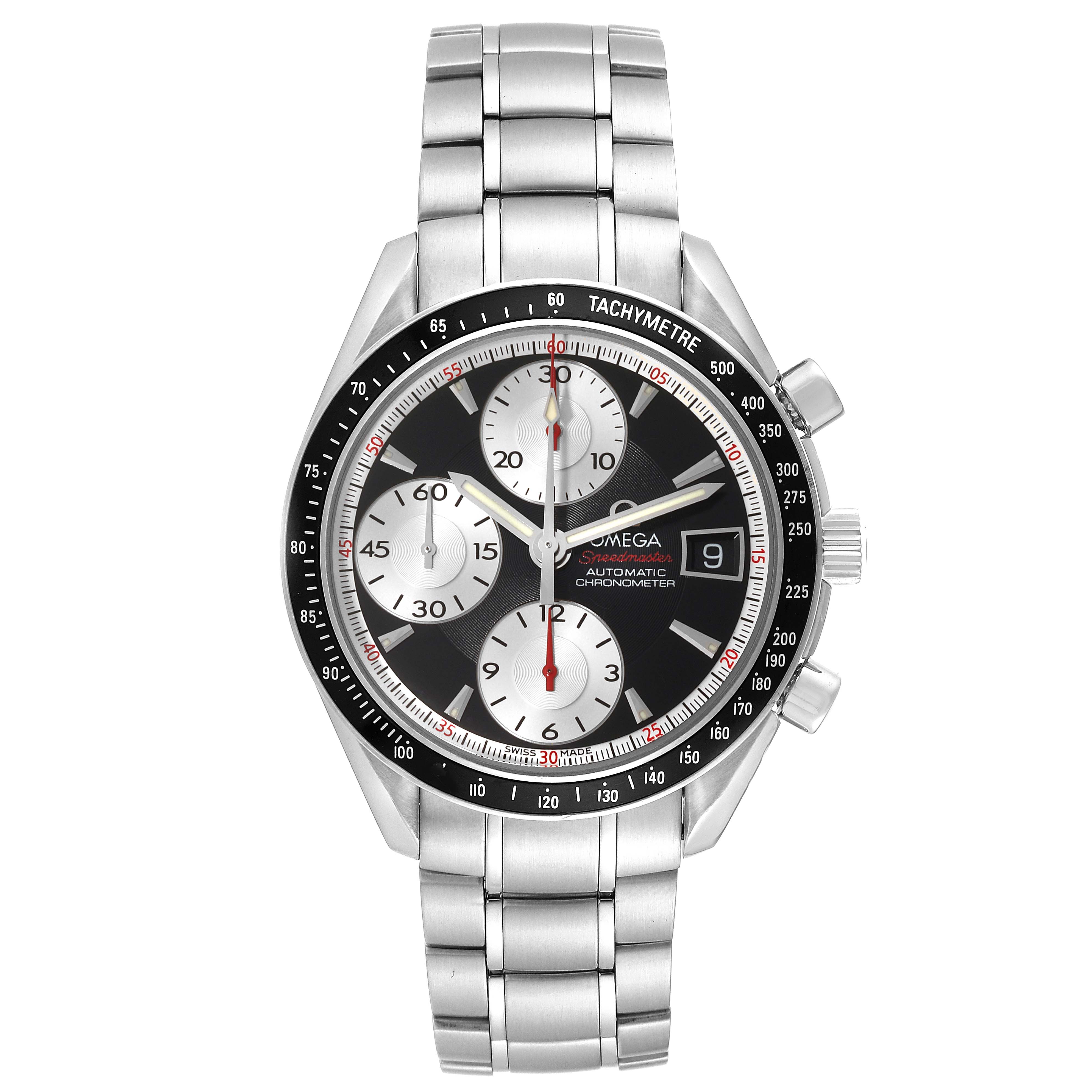 The image shows a front view of an Omega Speedmaster 3210.51.00 Men
s Stainless Steel Black Dial 3210.51.00 Men
s Stainless Steel Black Dial watch, displaying its bracelet, tachymeter bezel, and chronograph dials.