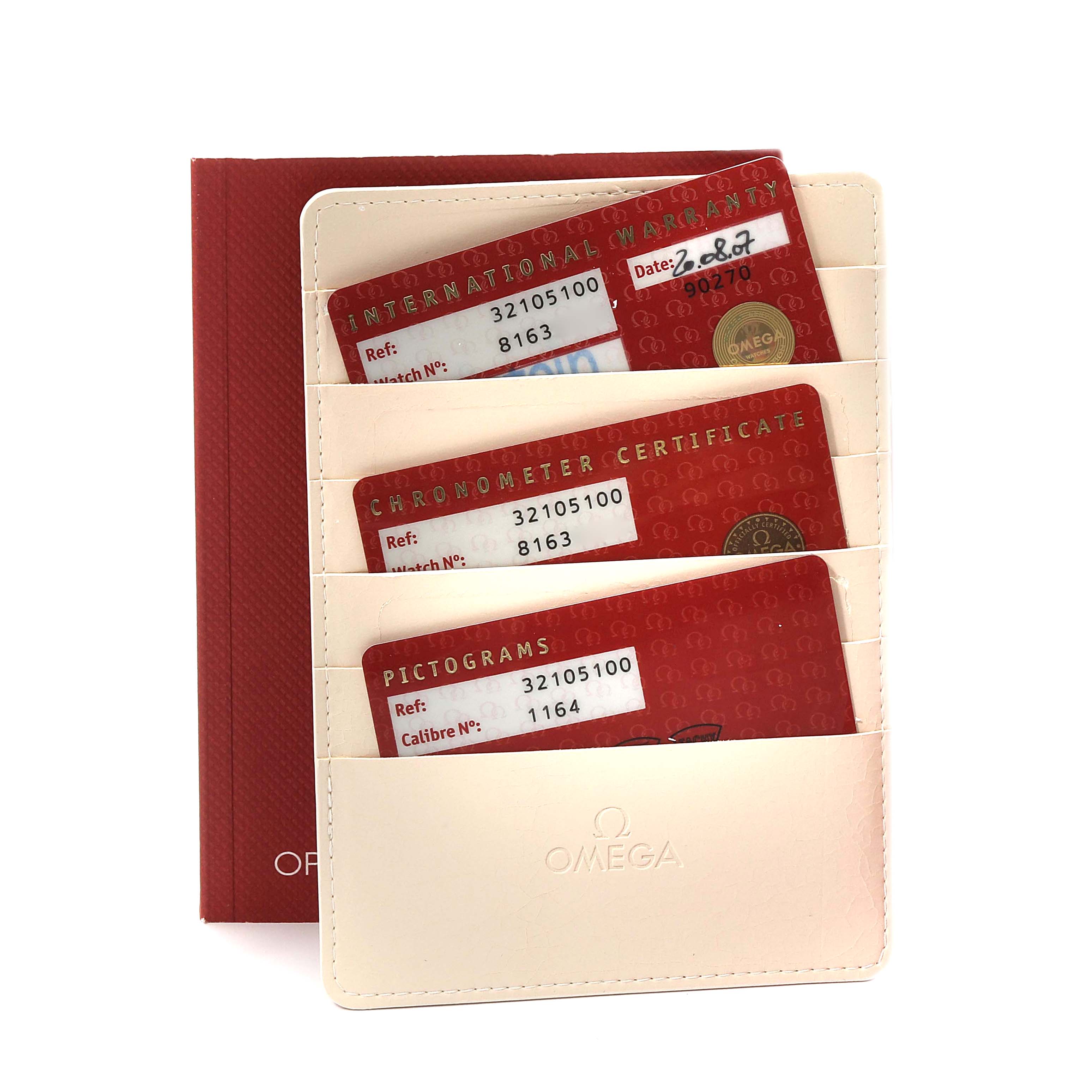 The image shows the warranty cards for an Omega Speedmaster 3210.51.00 Men
s Stainless Steel Black Dial 3210.51.00 Men
s Stainless Steel Black Dial watch, including international warranty, chronometer certificate, and pictograms.