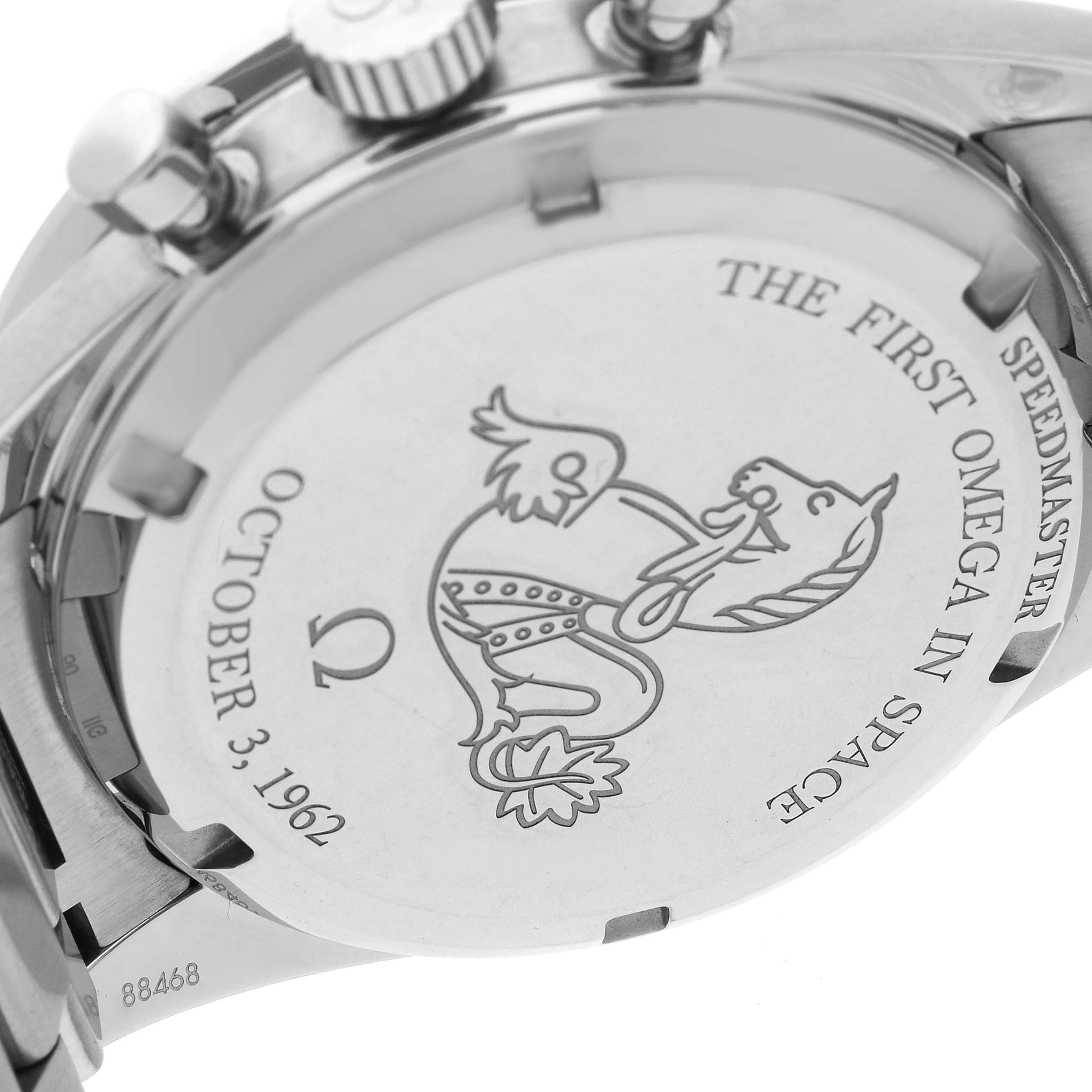 The image shows the case back of the Omega Speedmaster 310.30.42.50.04.001 Men
s Stainless Steel Black Dial 310.30.42.50.04.001 Men
s Stainless Steel Black Dial, displaying engravings and details from a side angle.