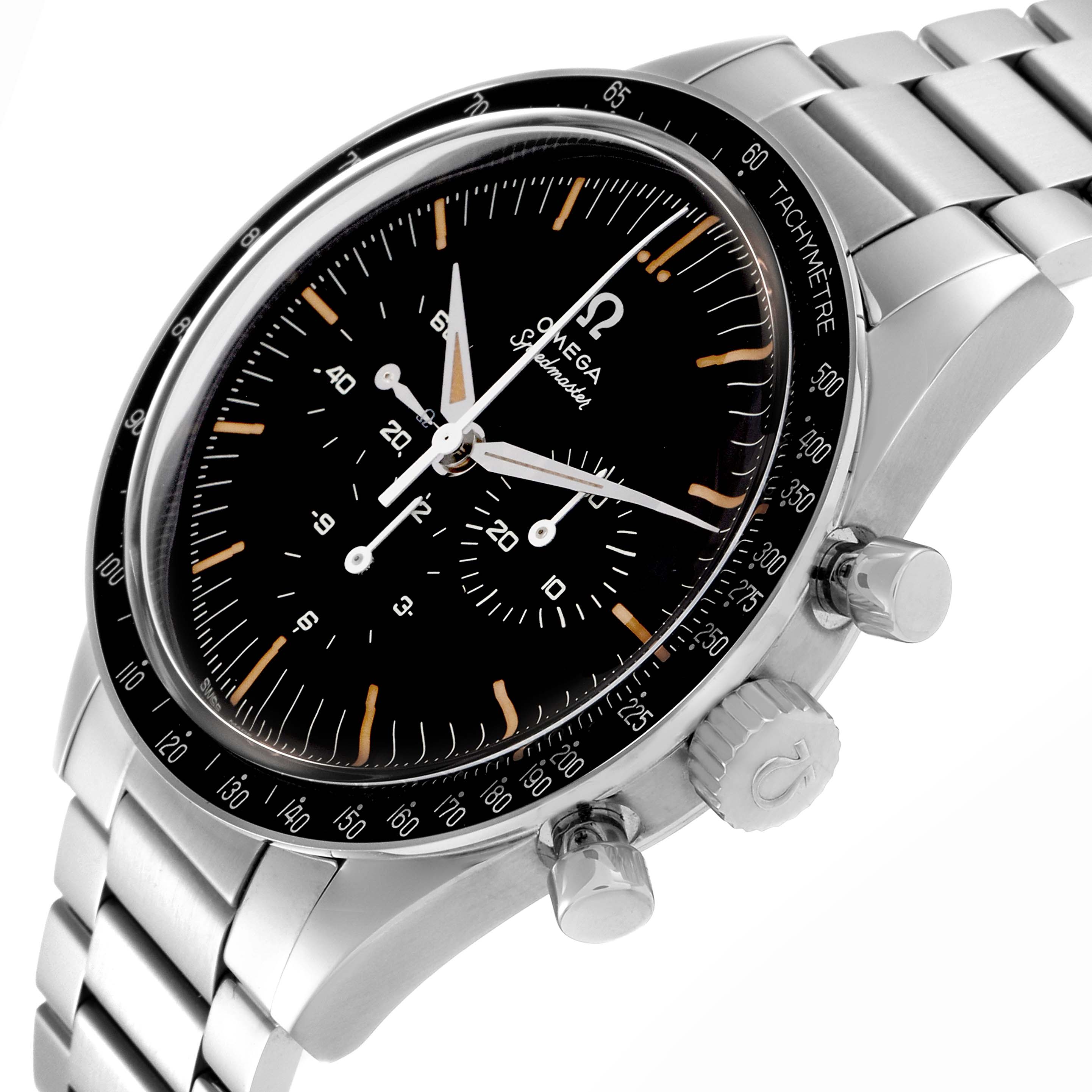 The Omega Speedmaster 310.30.42.50.04.001 Men
s Stainless Steel Black Dial 310.30.42.50.04.001 Men
s Stainless Steel Black Dial watch is shown at an angled side view, highlighting its bezel, chronograph pushers, and bracelet.