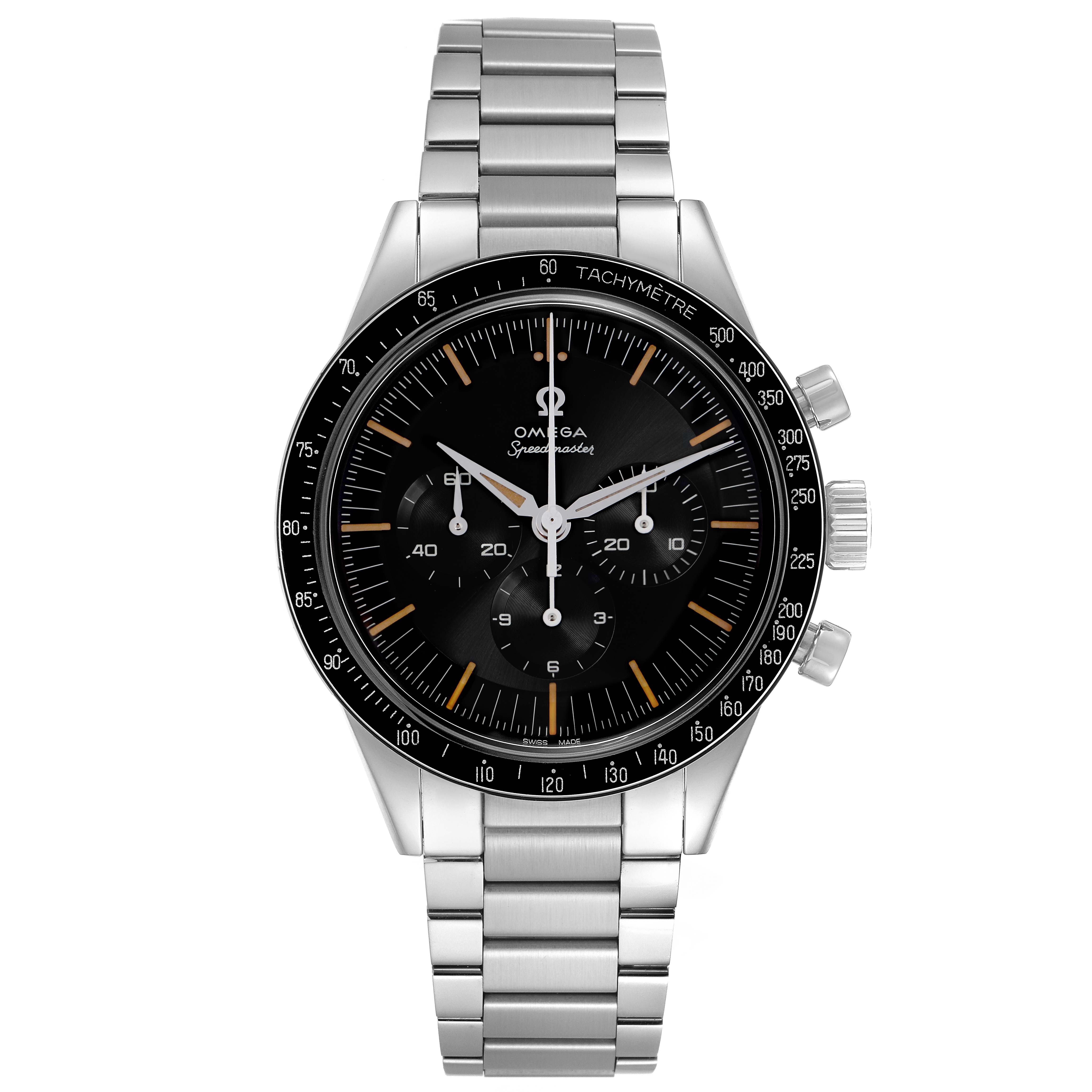 The Omega Speedmaster 310.30.42.50.04.001 Men
s Stainless Steel Black Dial 310.30.42.50.04.001 Men
s Stainless Steel Black Dial watch is shown front-facing, highlighting the dial, bezel, and bracelet.