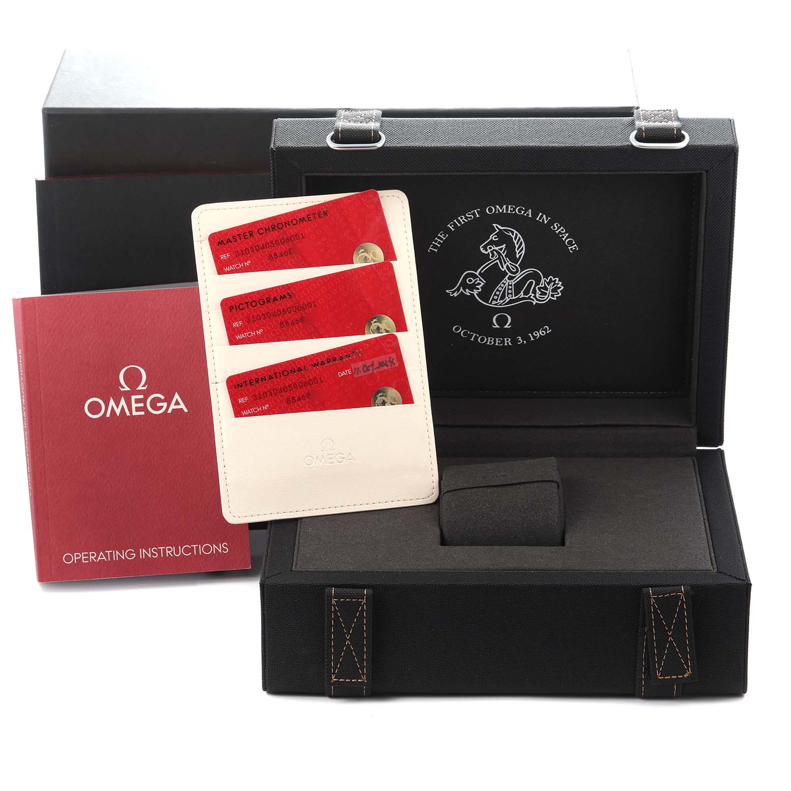 The image shows the Omega Speedmaster 310.30.42.50.04.001 Men
s Stainless Steel Black Dial 310.30.42.50.04.001 Men
s Stainless Steel Black Dial box set including a watch case, warranty cards, and operating instructions.