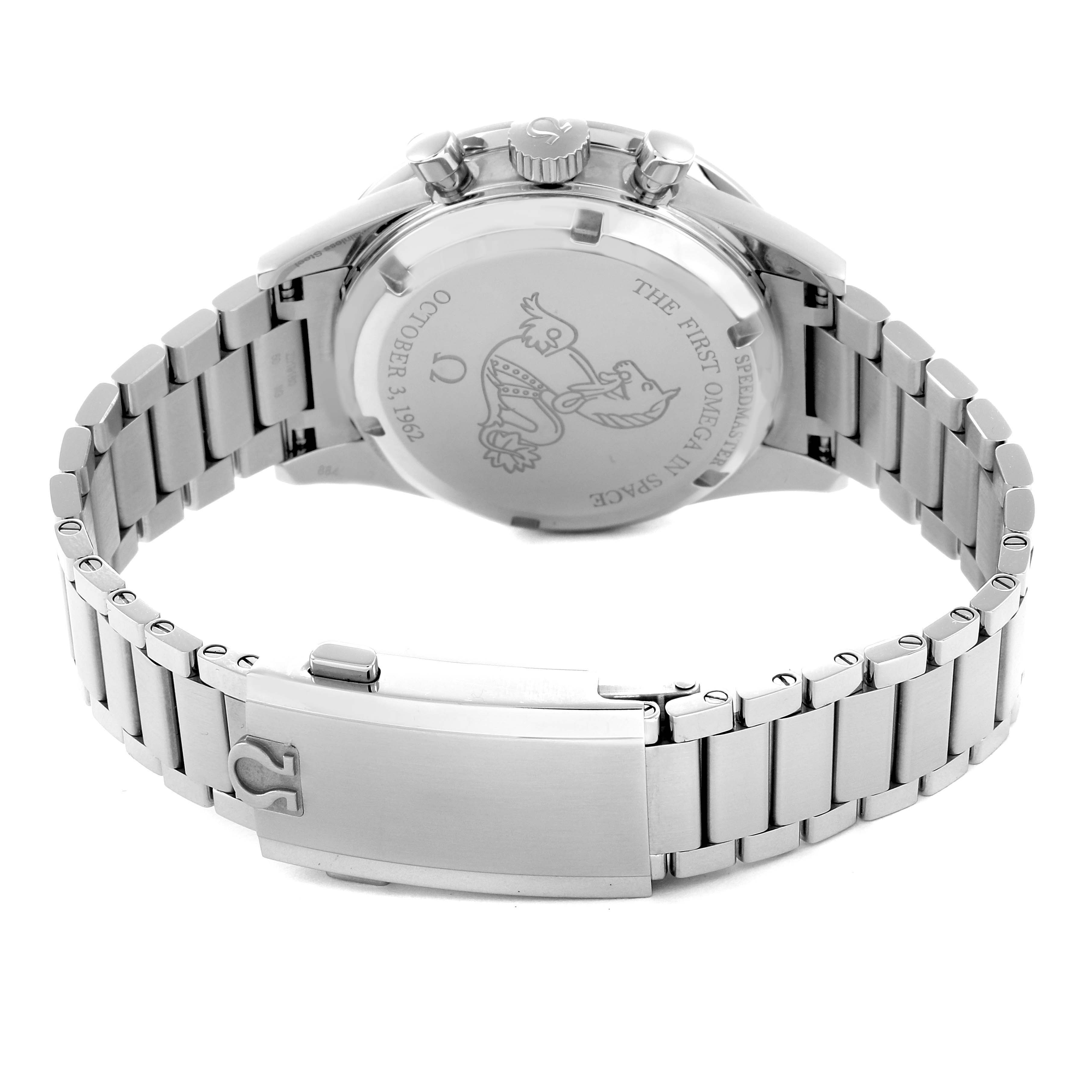 The Omega Speedmaster 310.30.42.50.04.001 Men
s Stainless Steel Black Dial 310.30.42.50.04.001 Men
s Stainless Steel Black Dial is shown from the back, highlighting the case back and metal bracelet clasp.