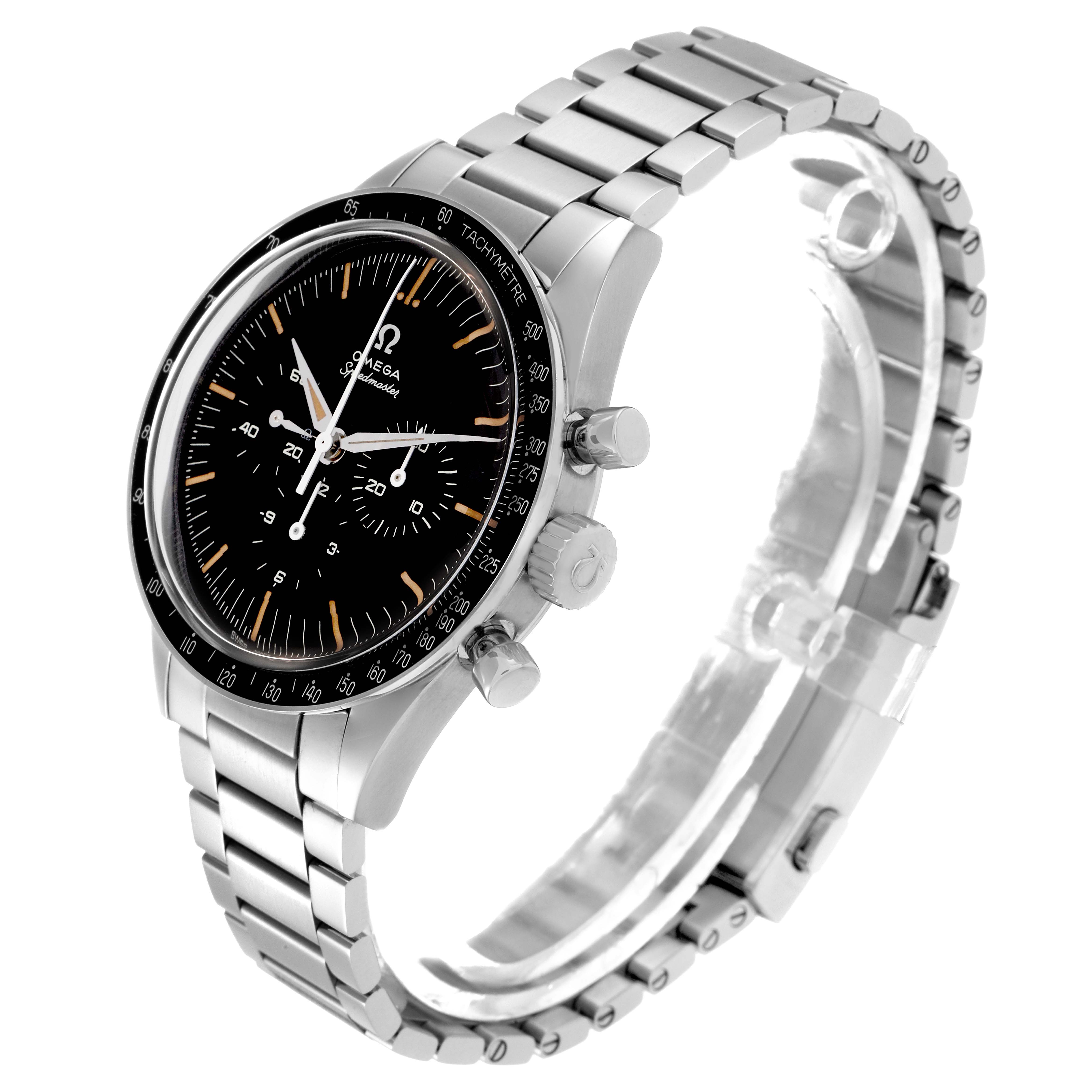 The Omega Speedmaster 310.30.42.50.04.001 Men
s Stainless Steel Black Dial 310.30.42.50.04.001 Men
s Stainless Steel Black Dial watch is shown at a slight angle, highlighting the face, bezel, crown, pushers, and metal bracelet.