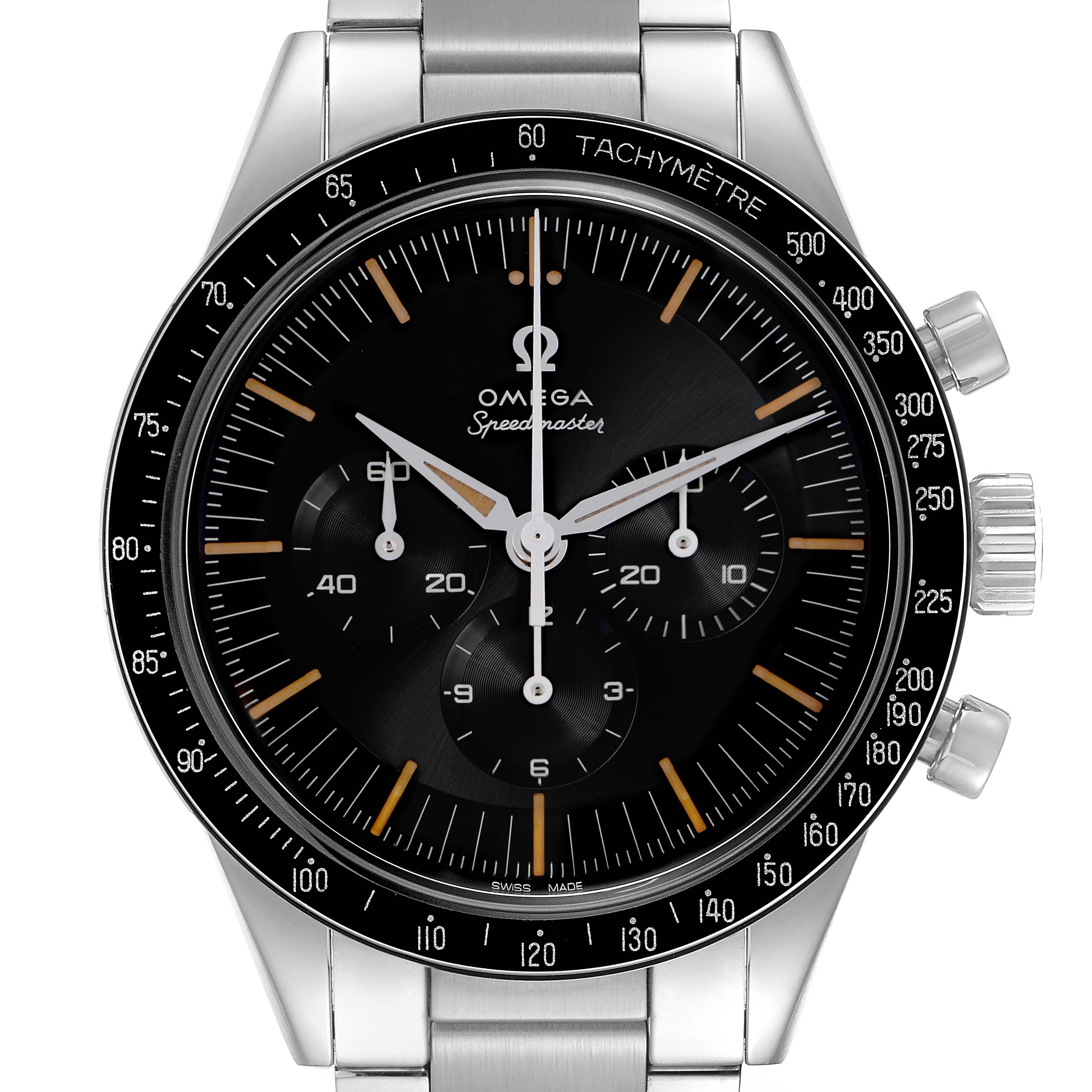 The Omega Speedmaster 310.30.42.50.04.001 Men
s Stainless Steel Black Dial 310.30.42.50.04.001 Men
s Stainless Steel Black Dial watch is shown from the front, featuring its face, tachymeter bezel, and stainless steel bracelet.