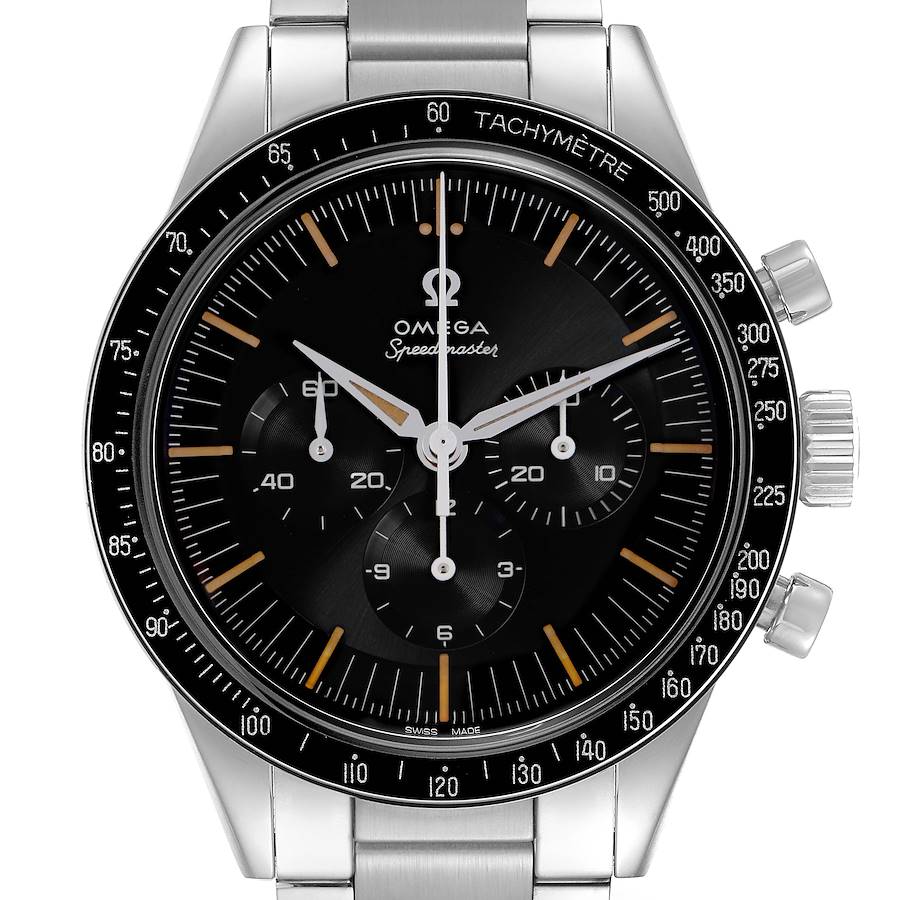 The Omega Speedmaster watch is shown from the front, featuring its face, tachymeter bezel, and stainless steel bracelet.