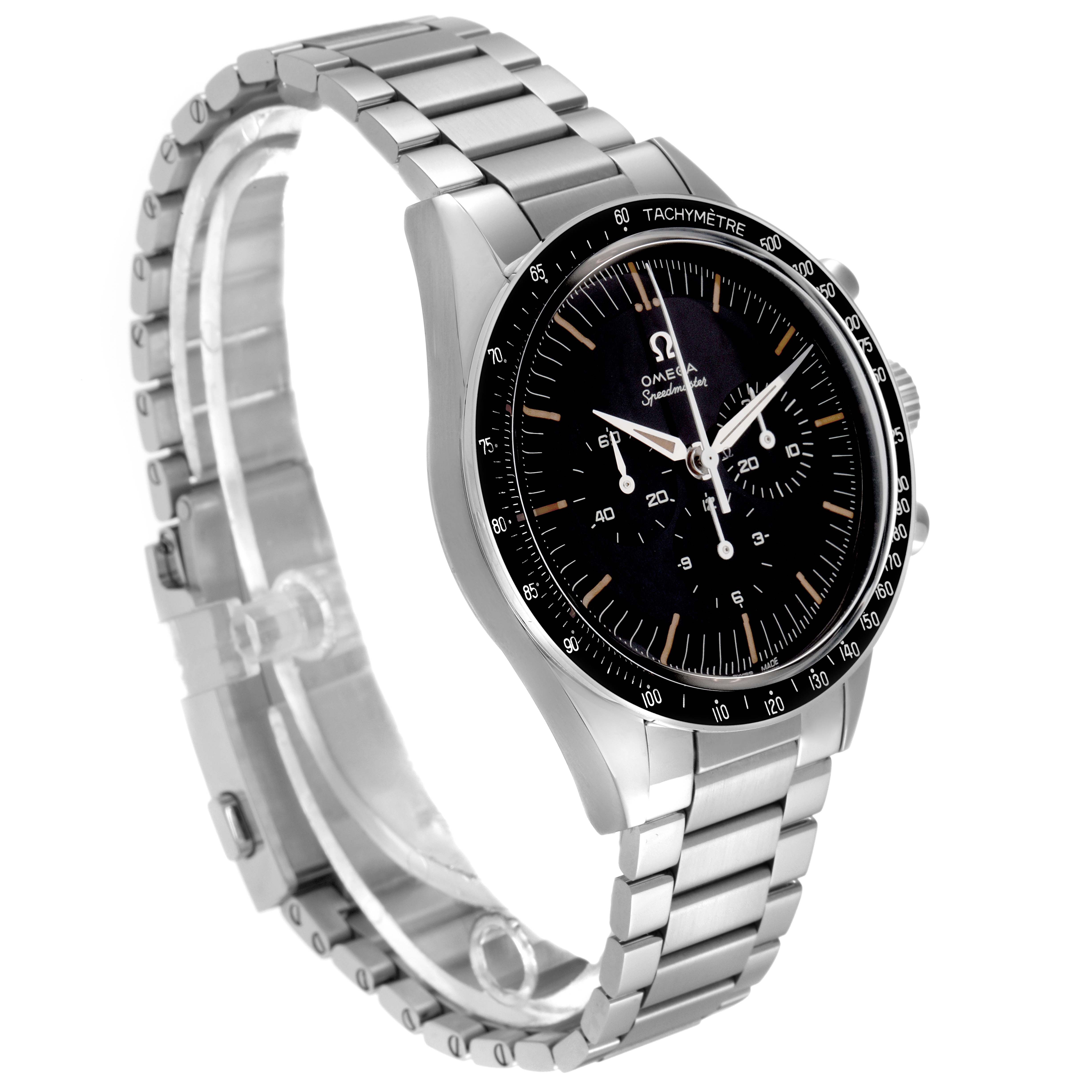 The Omega Speedmaster 310.30.42.50.04.001 Men
s Stainless Steel Black Dial 310.30.42.50.04.001 Men
s Stainless Steel Black Dial watch is shown from a three-quarter angle, displaying the front face, bezel, and bracelet.