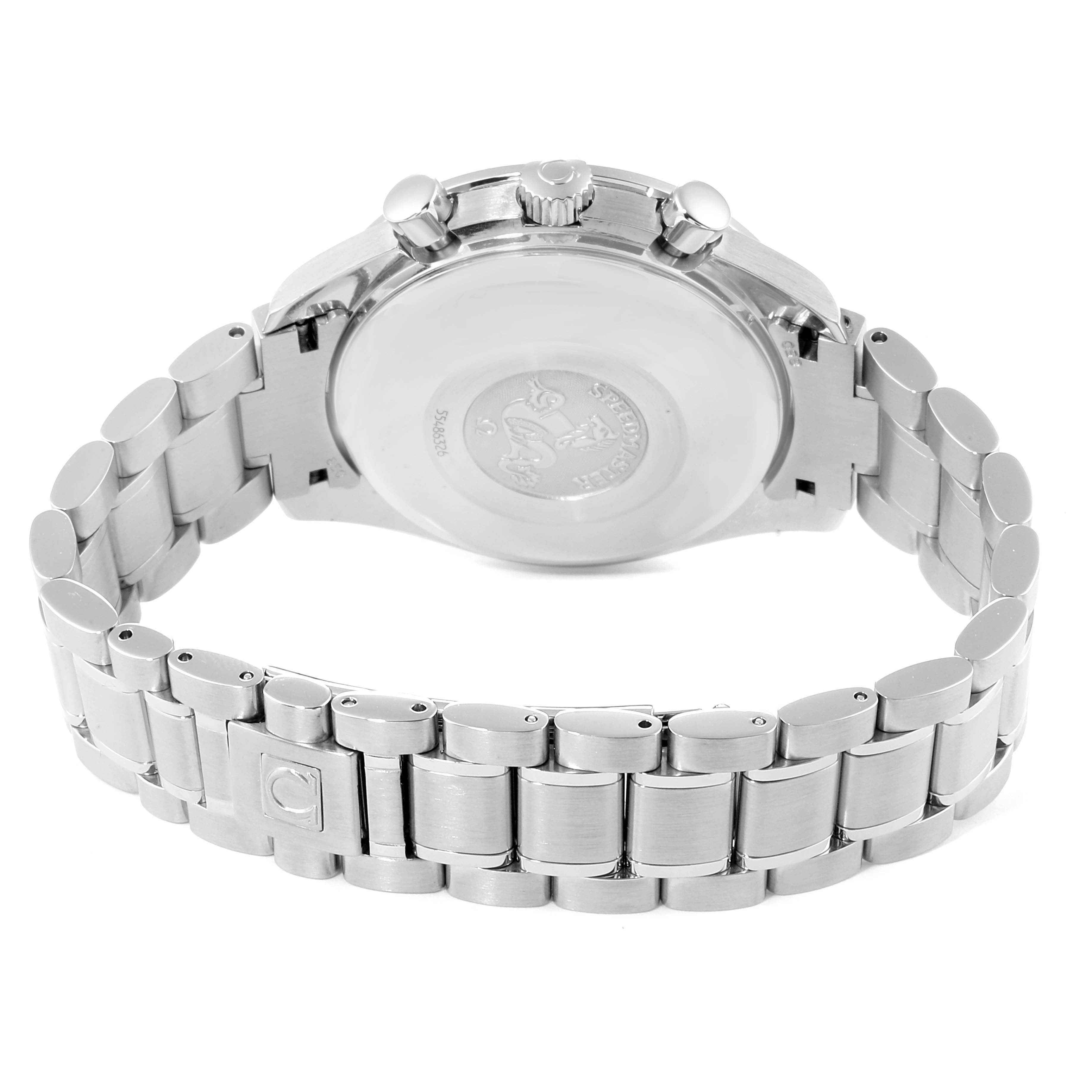 This image shows the back view of an Omega Speedmaster 3513.53.00 Men
s Stainless Steel Black Dial 3513.53.00 Men
s Stainless Steel Black Dial watch, highlighting its case back, crown, pushers, and metal bracelet.